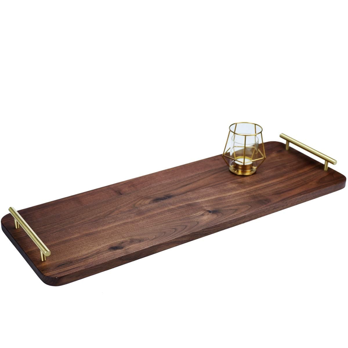 28 x 10 Inches Extra Long Rectangle Large Walnut Wood Ottoman Plank Tray with Pure Copper Handles, Serve Tea, Coffee or Breakfast in Bed, Classic Wooden Decorative Serving Tray