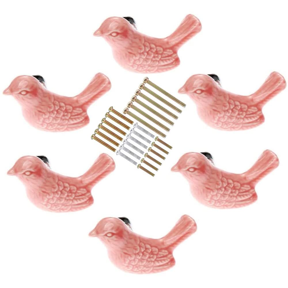 Bird Shape Ceramic Knobs DIY Door Drawer Cupboard Pull Handle Furniture Kitchen Handle Knobs and Pulls for Cabinets with Screws, Pack of 6 (Pink)
