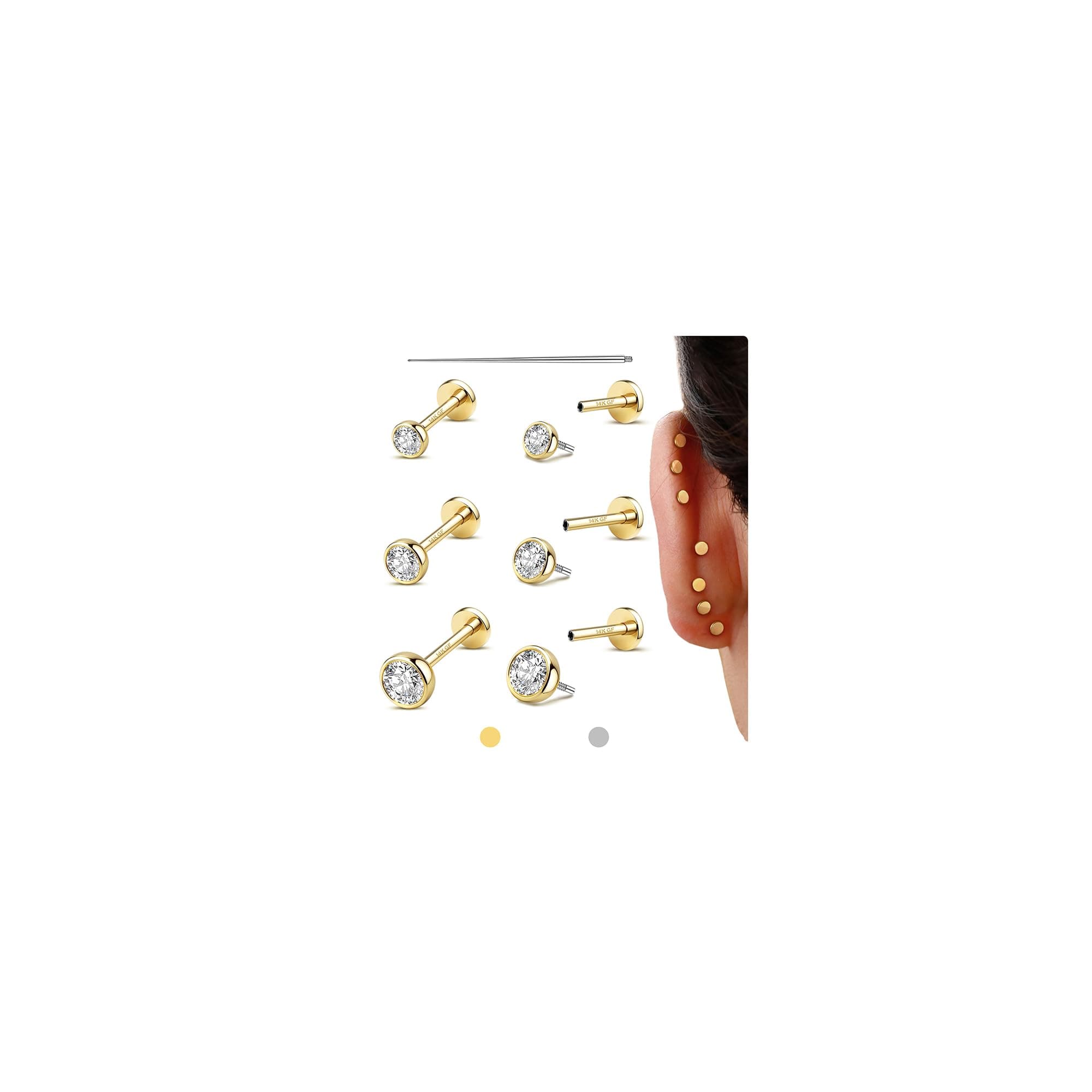 Flat Back Earrings Stud : 14K Gold Filled Titanium Surgical Steel Earrings Hypoallergenic for Women Men 18G Cartilage Helix Tragus Conch Medusa Piercing Jewelry Dainty Stud Earring Set 3 Pair