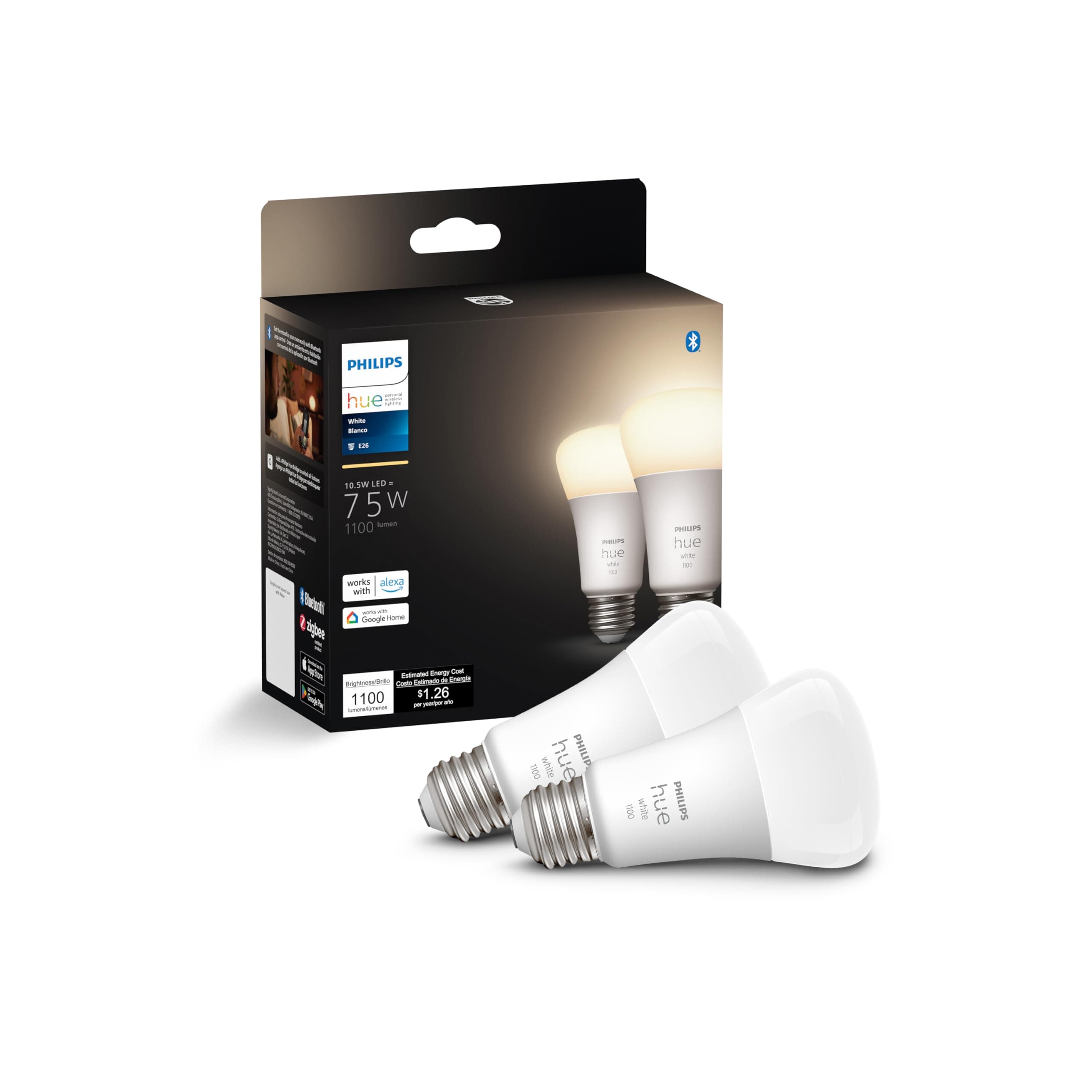 Philips Hue Smart 75W A19 LED Bulb - Soft Warm White Light - 2 Pack - 1100LM - E26 - Indoor - Control with Hue App - Works with Alexa, Google Assistant and Apple Homekit