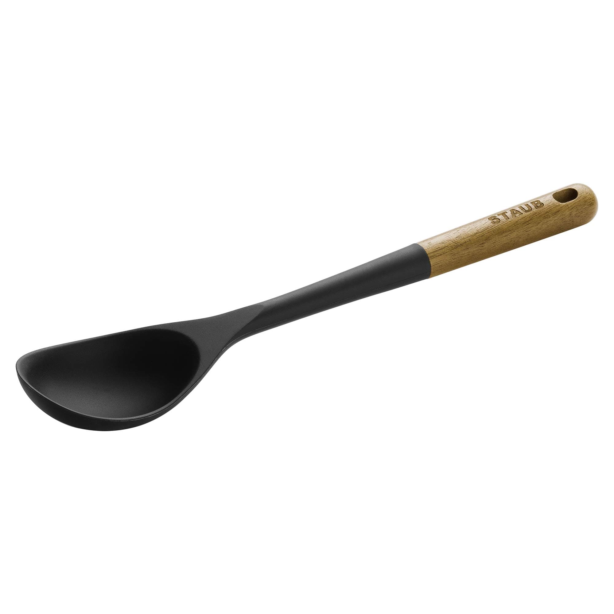 STAUB Serving Spoon, Great for Scooping Sides and Serving Hearty Stews, Durable BPA-Free Matte Black Silicone, Acacia Wood Handles, Safe for Nonstick Cooking Surfaces