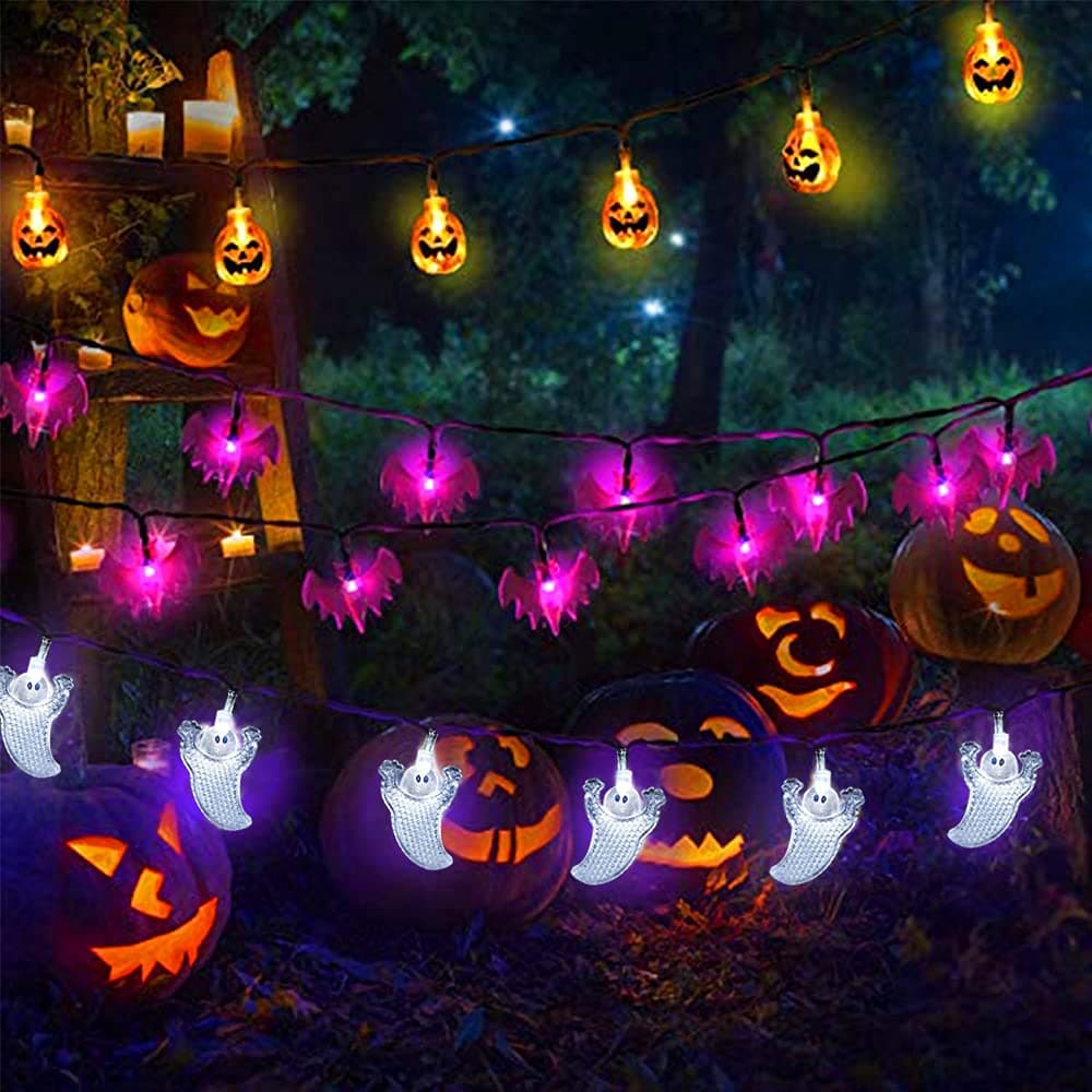 Halloween Decorations String Lights 3Pack 29ft 60 LED 3D Pumpkin Ghost Bat String Lights Battery Operated Indoor Decorations