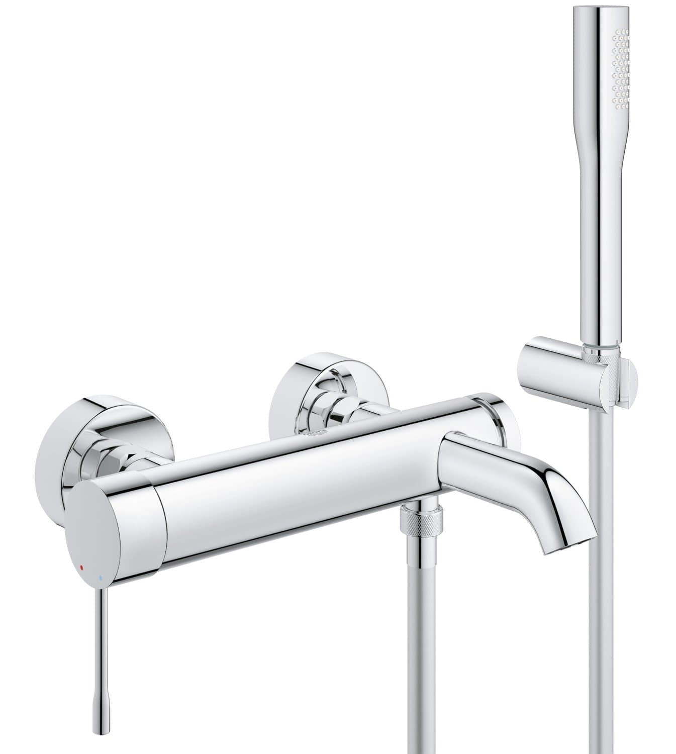 Essence Wall-Mounted Bath Tap with Shower Set (35 mm Ceramic Cartridge, Automatic Diverter: Bath, Stick Hand 1 Spray, Hose 1.5 m, Wall Holder), Chrome, 33628001