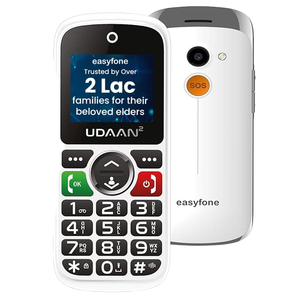 Easyfone Udaan2 1.8" Display with 20+ Senior Citizen Friendly Features Like Loud Sound, Photo Speed dial, Simple menu, SOS, Incoming Call Restriction, Auto-Call Recording, Dual SIM, White