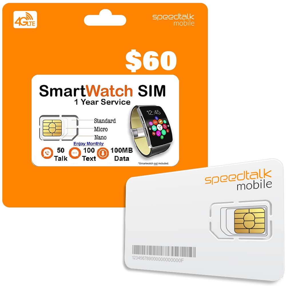 SpeedTalk Mobile Smart Watch SIM Card | Compatible with 5G 4G LTE GSM Smartwatches and Wearables | 3 in 1 Simcard - Standard Micro Nano | 1 Year Service