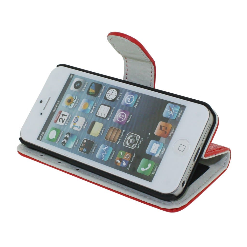 Leather Flip Wallet Stand Case Cover for Apple iPhone 5 5S (Red)