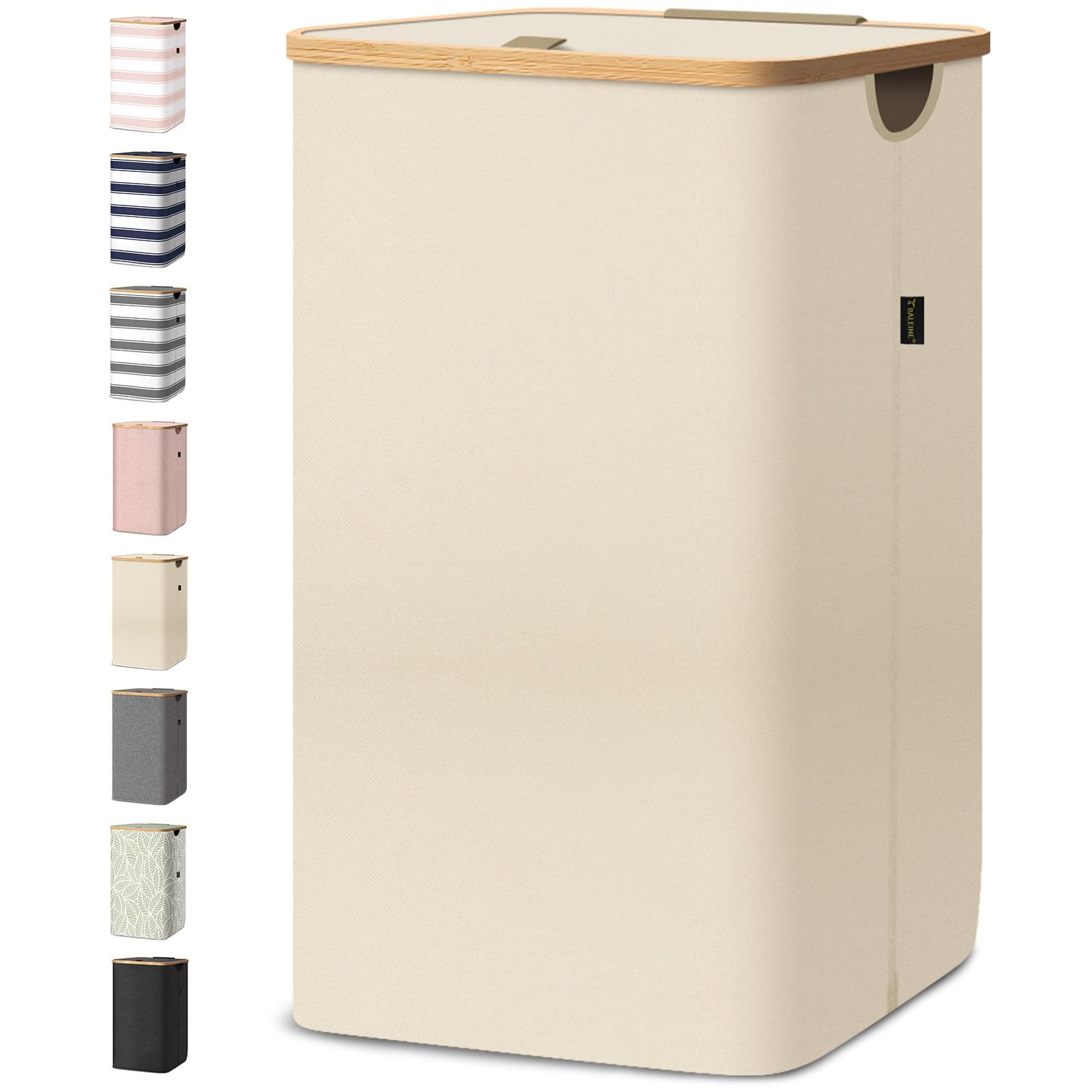BALEINE Laundry Hamper with Lid, Tall Laundry Baskets with Bamboo Pull Handles, Large Laundry Bin with Internal Support (26 Gal/100L, Beige)