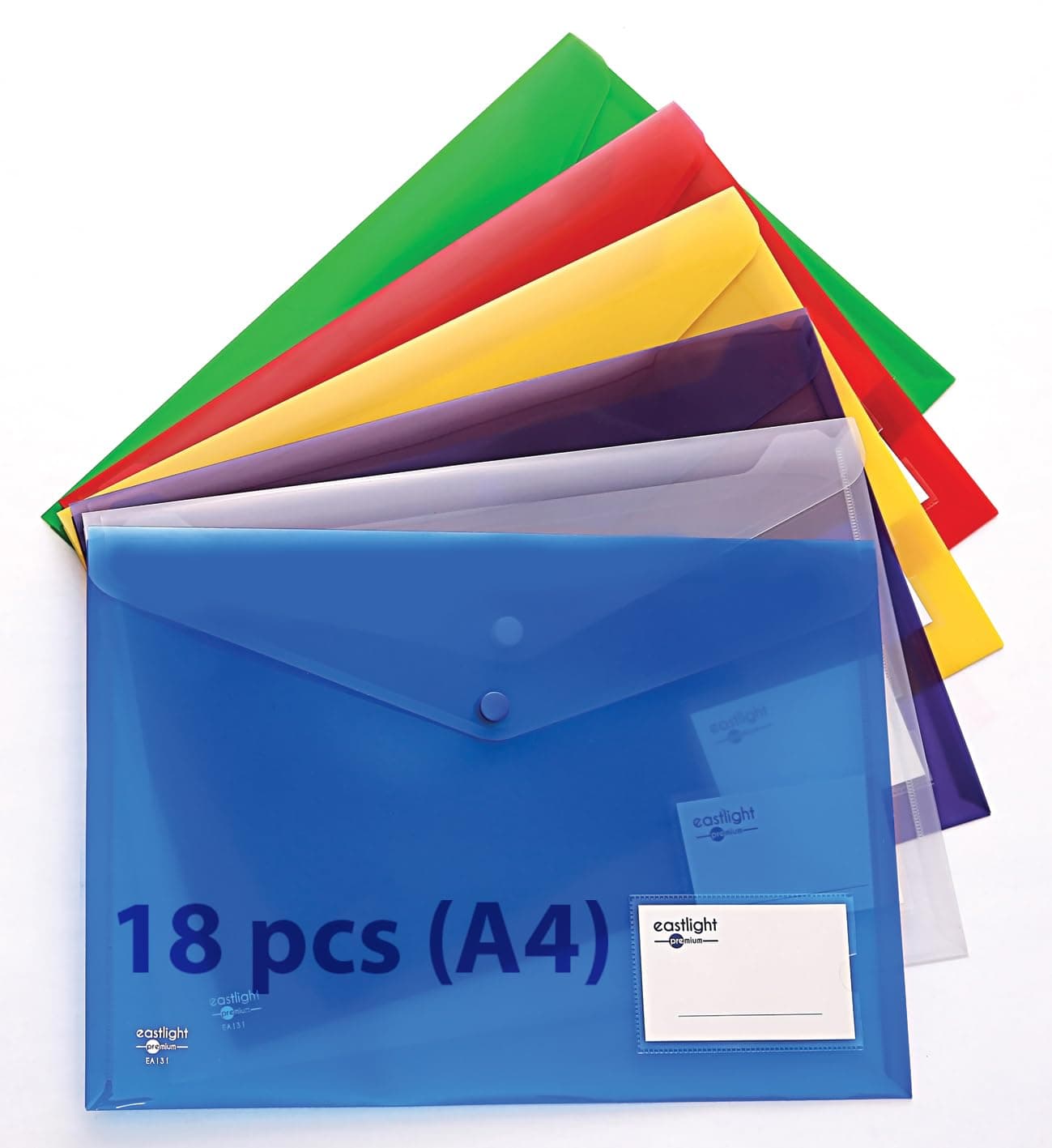 Eastlight A4 Plastic Popper Document Folder Wallet with Pocket Assorted Colours Pack of 18
