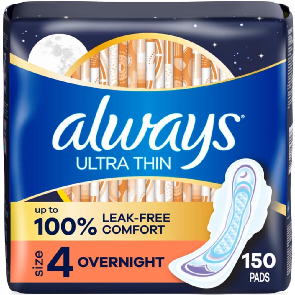 Ultra Thin Overnight Pads, Size 4, Overnight, Unscented, 50 Count x 3 Packs (150 Count total) (Packaging May Vary)
