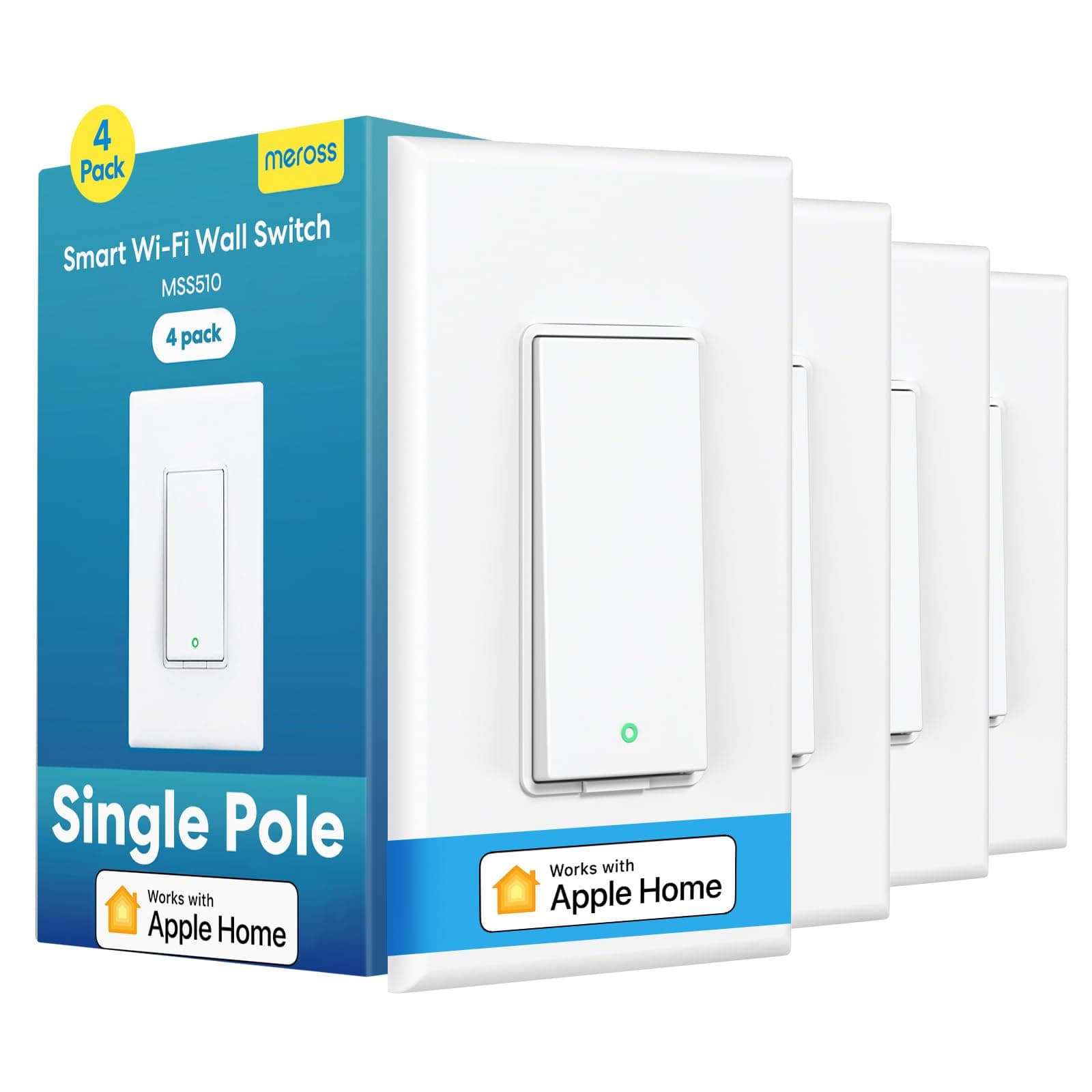 Smart Light Switch 4 Pack Supports Apple HomeKit, Siri, Alexa, Google Assistant & SmartThings, Single Pole Light Switch, Neutral Wire Required, Remote Control Schedule, 2.4GHz Wi-Fi
