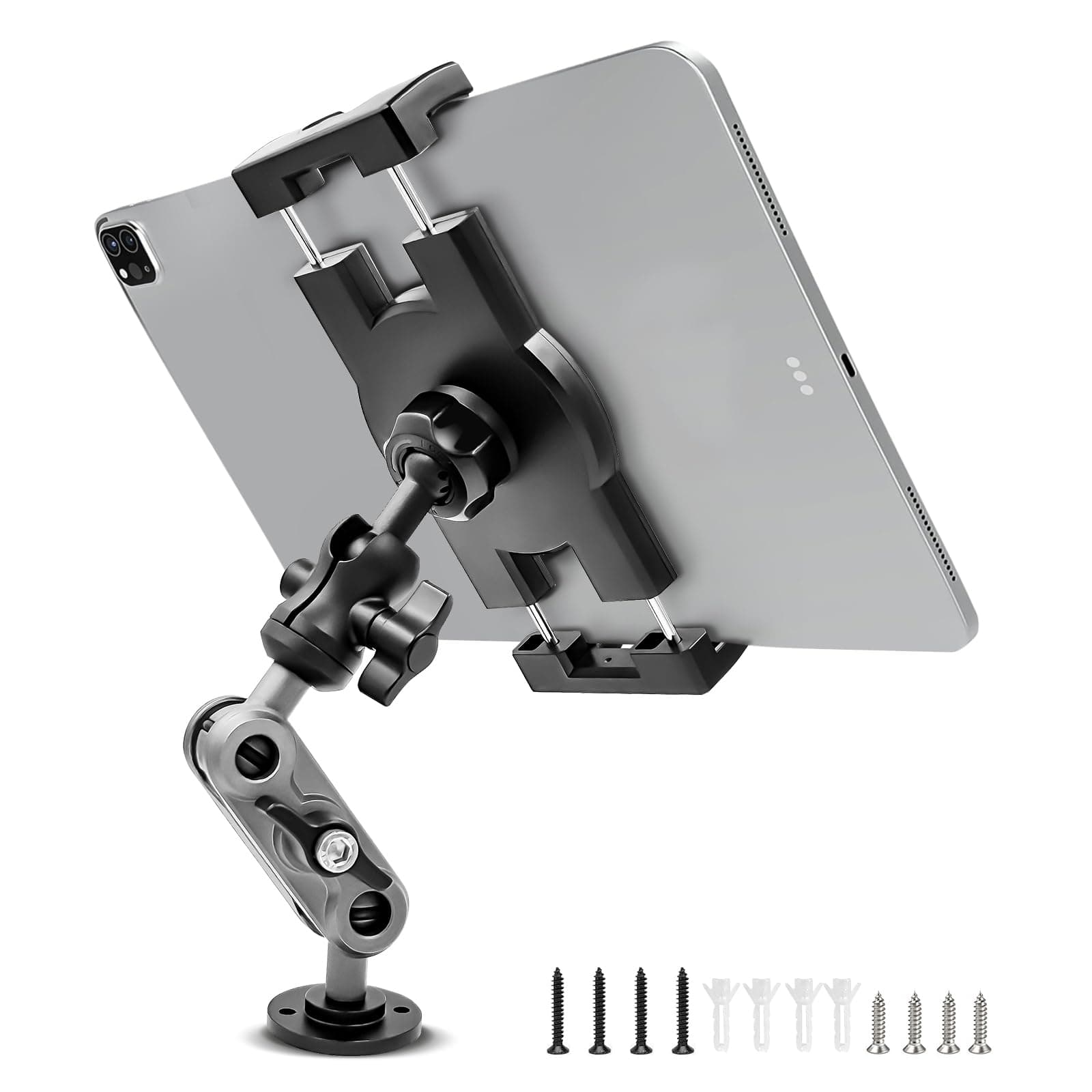 Aluminum Heavy Duty Drill Base Tablet Holder Car Mount Dashboard, 360° Adjustable 2-Stage Stand for 4.7-12.9" iPad Pro/Air/Mini/Galaxy Tab, for Car Truck Wall Desk Commercial Vehicle