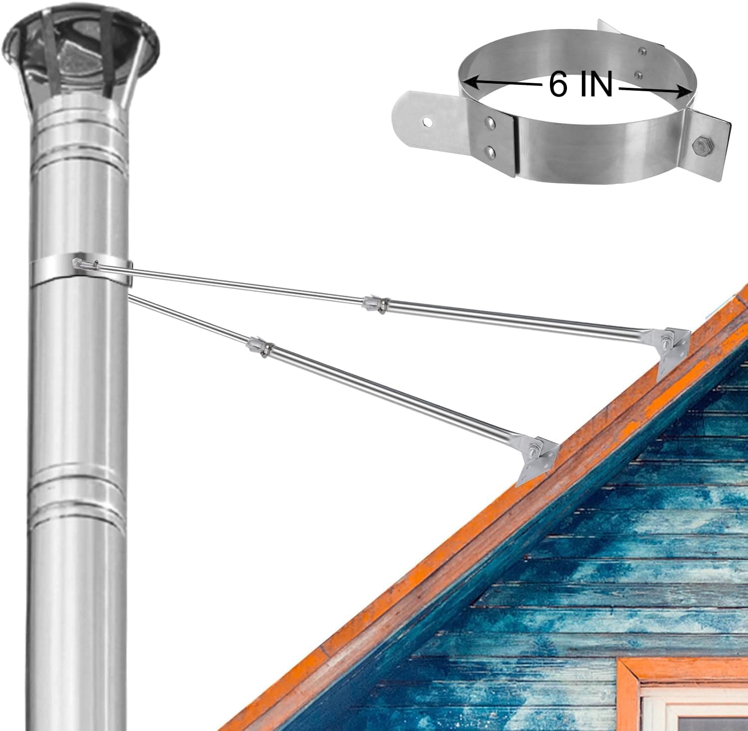 2025 Update 6" Extended Roof Bracket Kit, Adjustable Extended Roof Brace for Securing 6" Diameter Stove Pipe, Providing Stability to The Chimney Against Wind and Snow