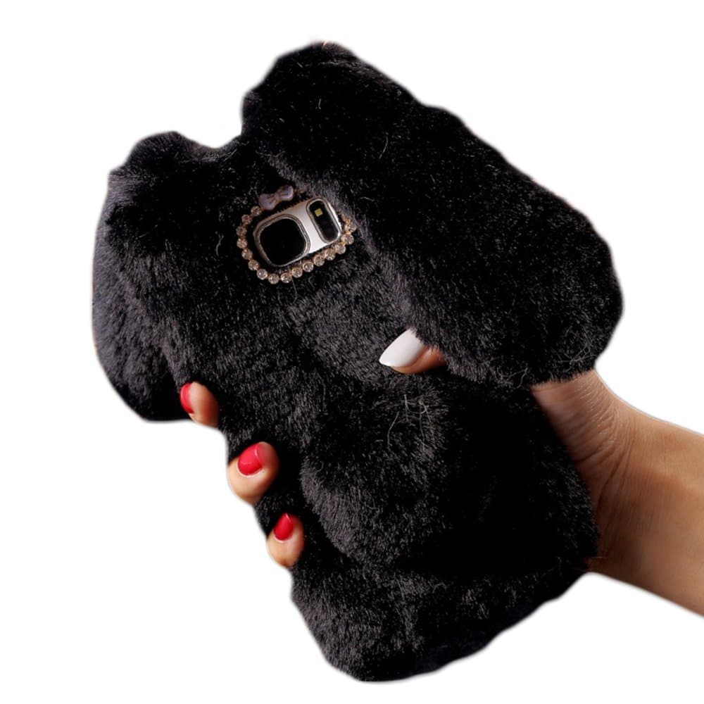 DStores for Galaxy Note 8 Fur Case, Luxury Bling Handmade Diamond Bowknot Smooth Soft Touch Bunny Shape Fluffy Fur Case for Samsung Galaxy Note 8 (Black)