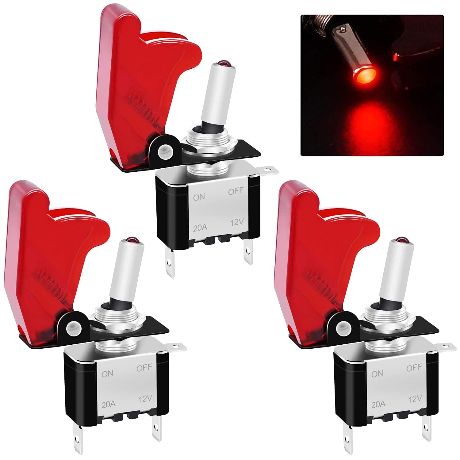 LED Lighted Toggle Switch SPST 3Pin ON/OFF Switch With Safety Cover