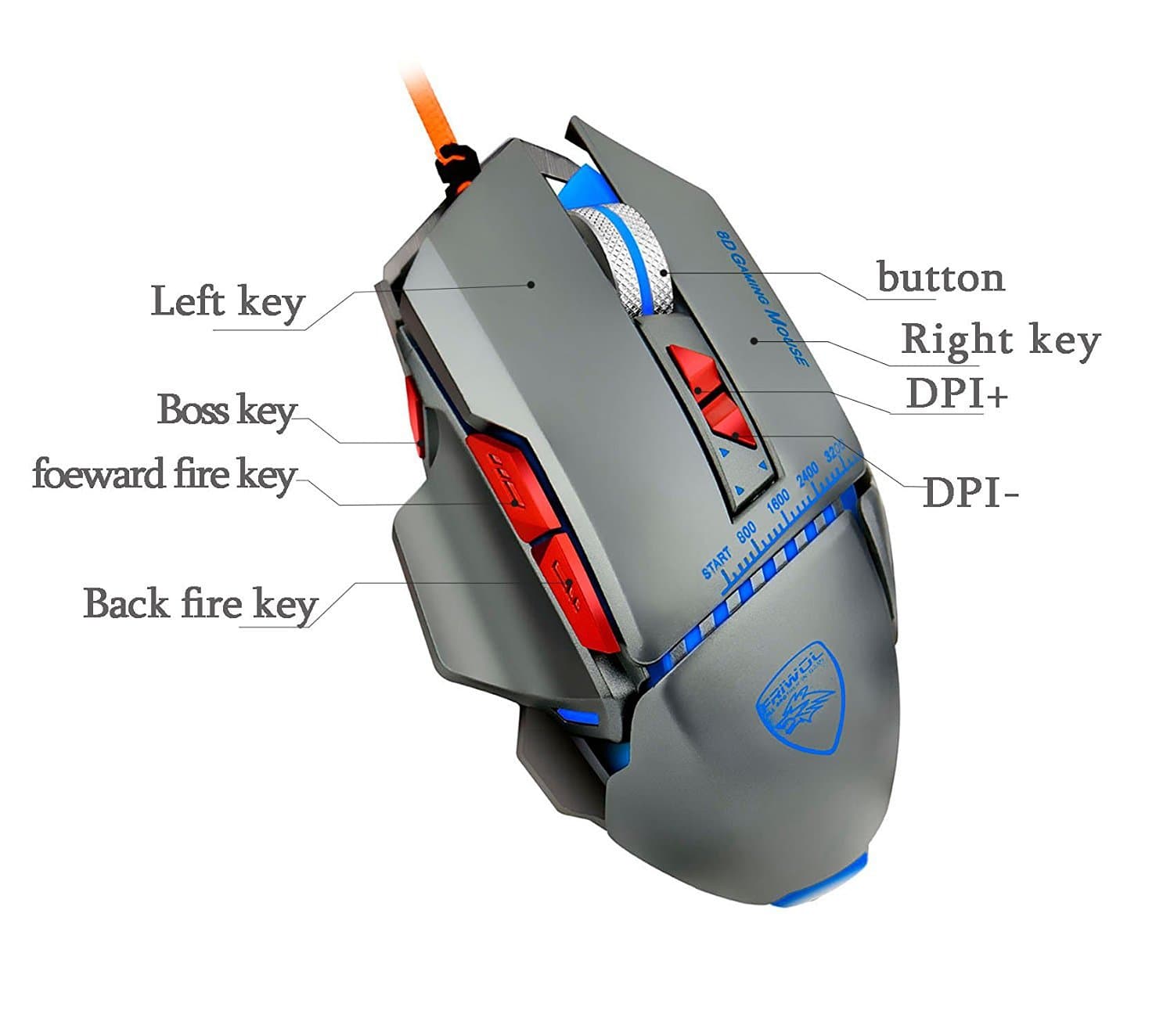 Dollermy Gaming Mouse 3200 DPI 8 Buttons USB Wired LED Optical ,Aluminum Alloy Base(4 Colors Breath LED Backlight)