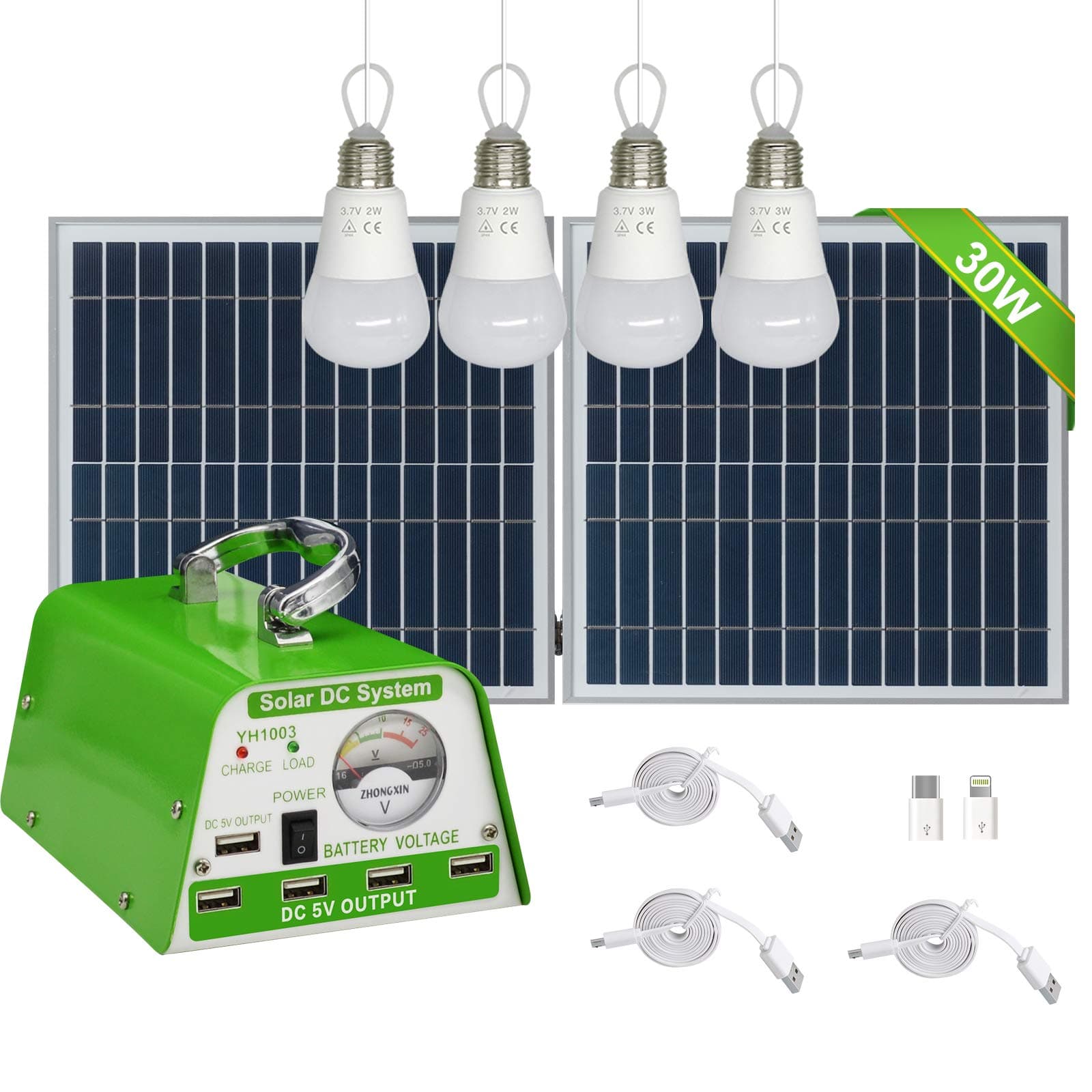 Solar Lights for Inside, 4 Bulbs Solar Shed Lights with On Off Switch, 30W Solar Panel Kit 115WH Backup Battery with Phone Charger, AC to DC Adapter, Home Solar Power System Complete Kit