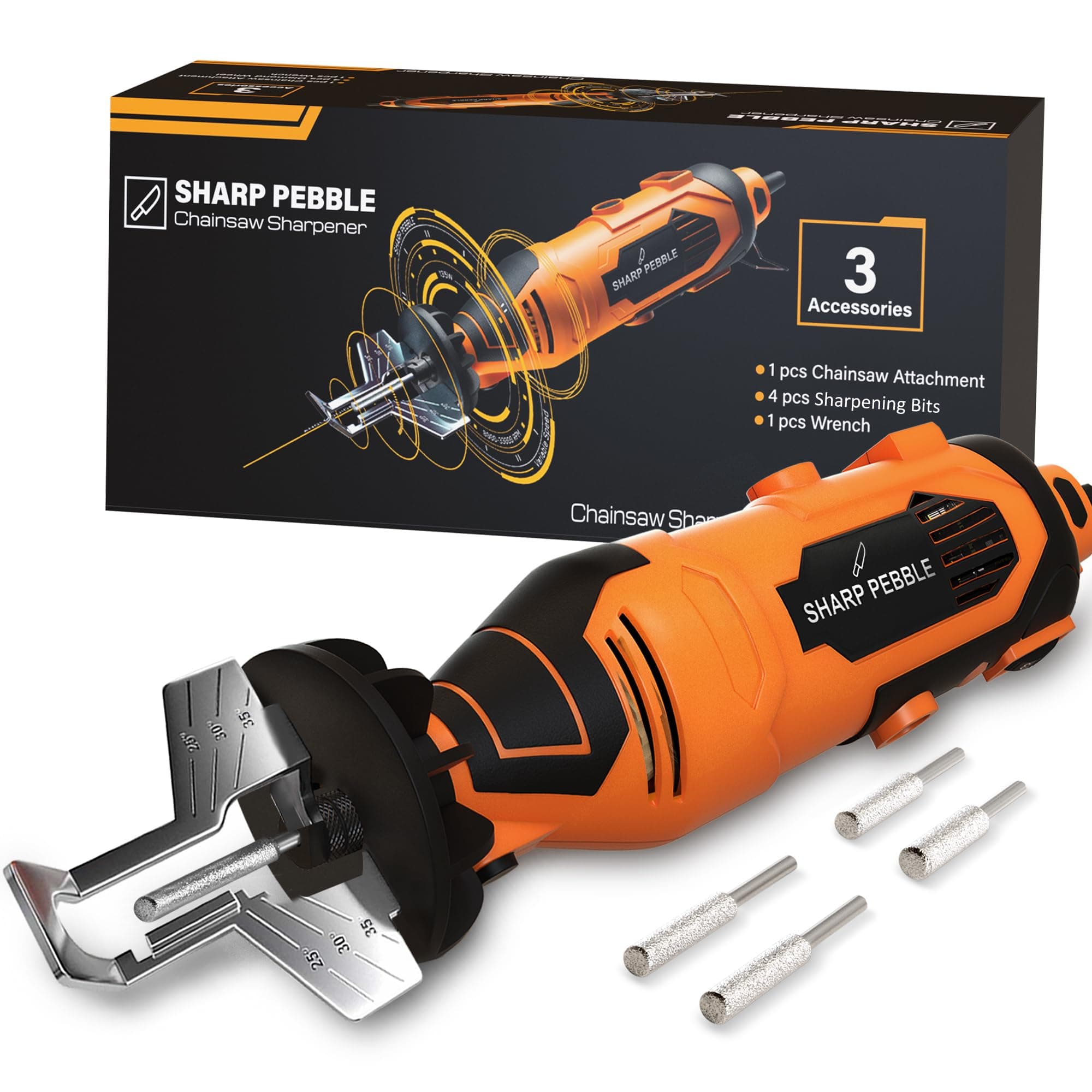 Sharp Pebble Electric Chainsaw Sharpener Kit - Comes with Chain Saw Sharpener Tool, 4 File Size Diamond Sharpening Wheels, Angle Attachment, Wrench & eBook.