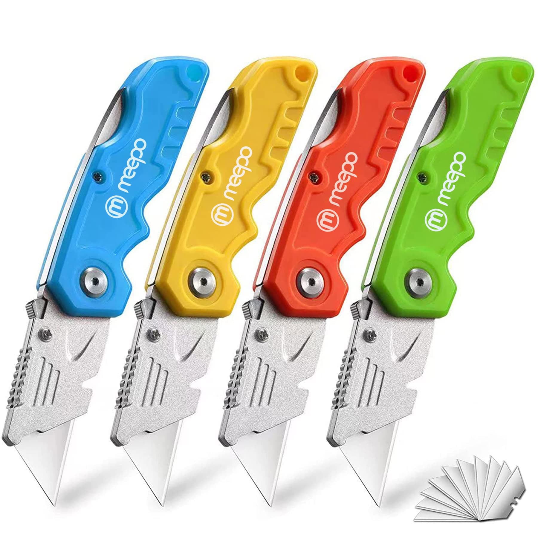 Box Cutter, 4-Pack Tough Folding Utility Knife for Heavy Duty Purpose, Razor Sharp Blade, Comfortable Handle, with Extra 10-Piece Blades, Can cut Drywall, Sheet Plastic, Linoleum, Boxes, Rope
