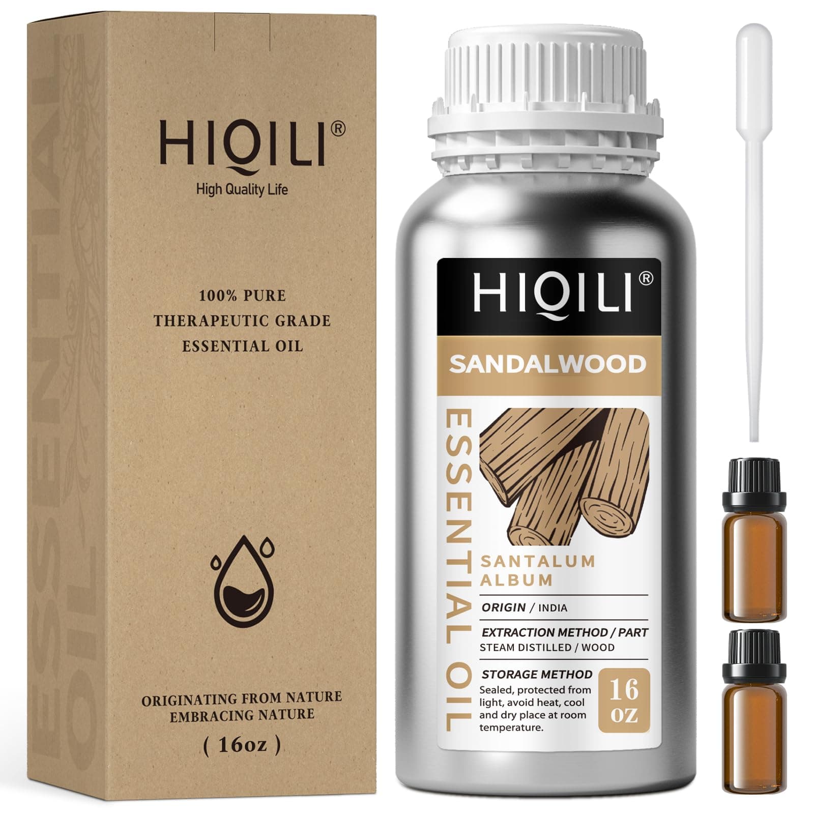 - HIQILI Sandalwood Essential Oils, Long-Lasting Scent for Perfume, Diffuser, Soap Making & Candle- 16 Fl Oz