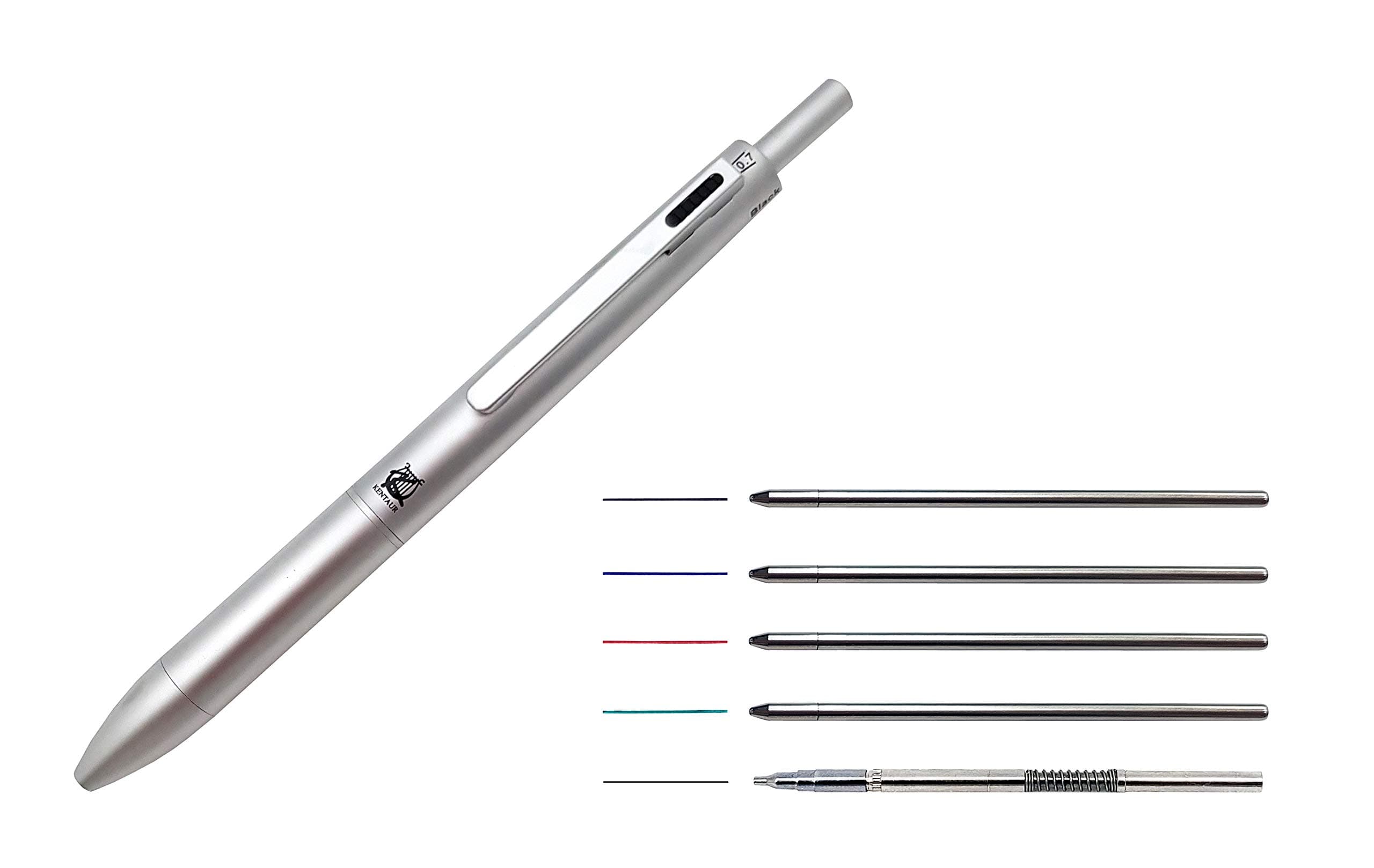 Kentaur Silver Multi-color Pen 5 In 1 Multifunction Pen Combo with Black, Blue, Red, Green Ink Ballpen, 0.7mm Mechanical Pencil and Eraser - Click Retractable with D1 Pen Refills and Metallic Body