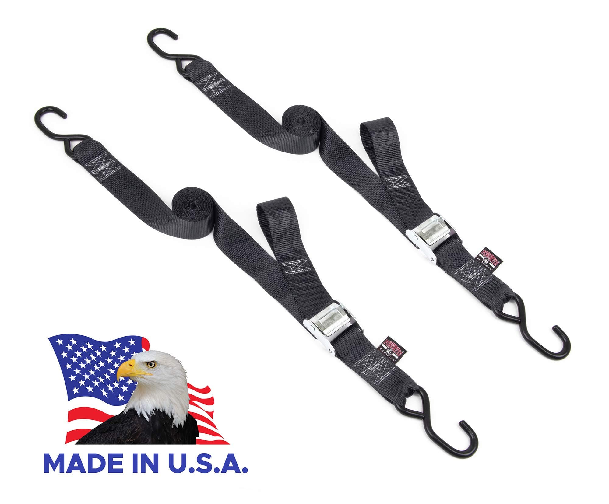 Powertye2in x 8ft Cam Buckle Tie-Downs with S-Hooks - Made in USA - 600 lb. Working Load Limit / 1,800 lb. Breaking Strength - Black (Pair)