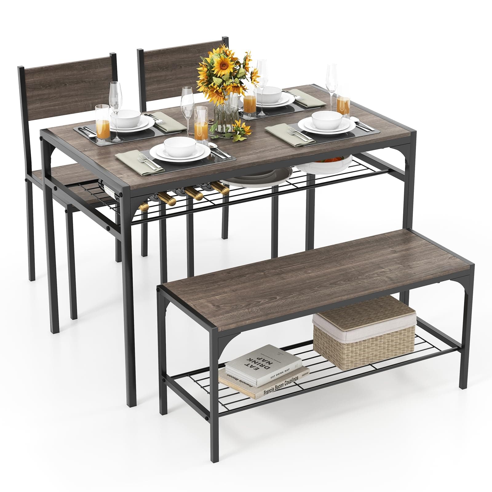 Tangkula Dining Table Set for 4, Kitchen Table with Bench and Chairs, Additonal Storage Rack, Modern 4-Person Dinette for Kitchen, Dining Room