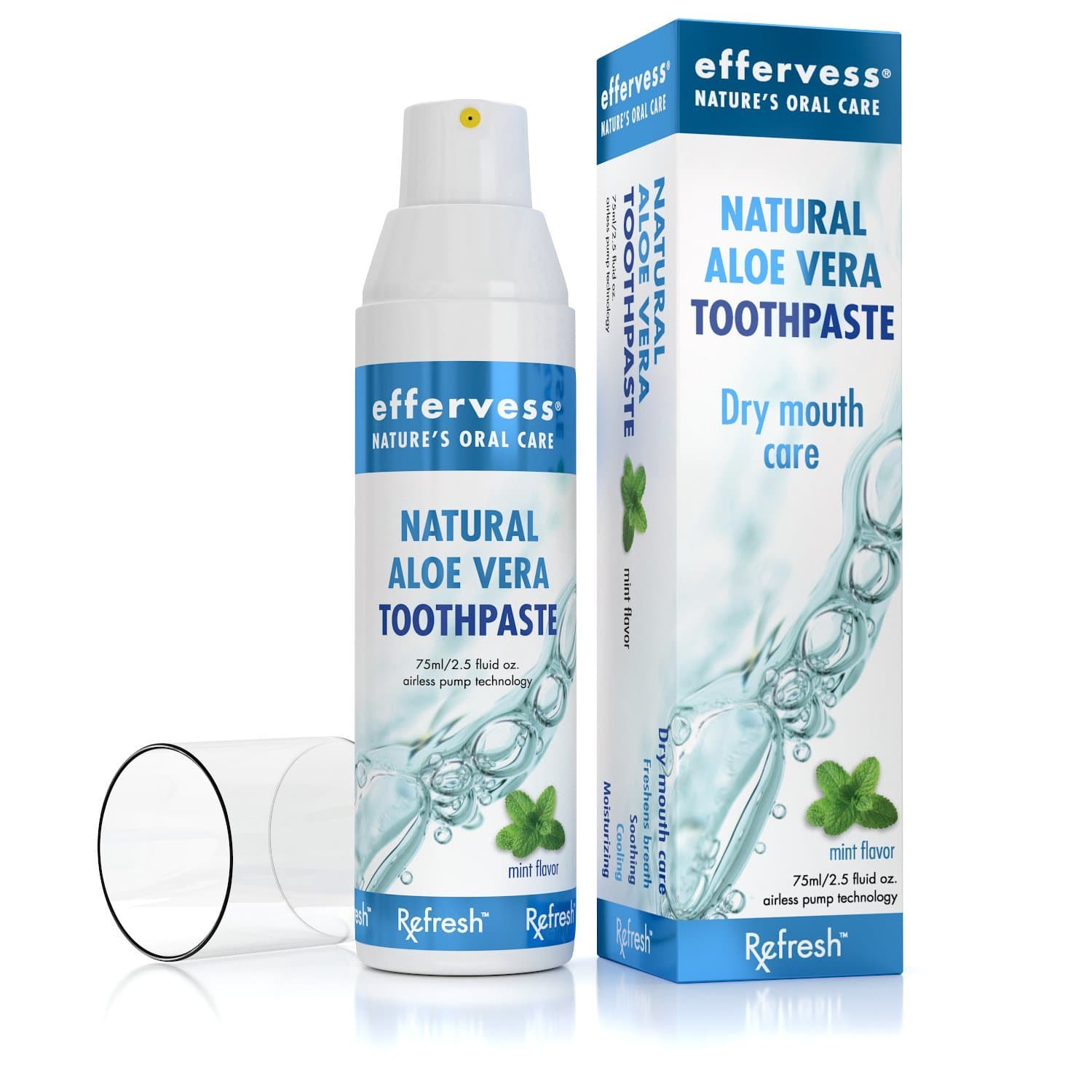 Rx Refresh Natural Aloe Vera Toothpaste is a Mint-Flavored Oral Care Product with airless Pump Technology, Perfect for Dry Mouth Relief. Developed by a Dentist.