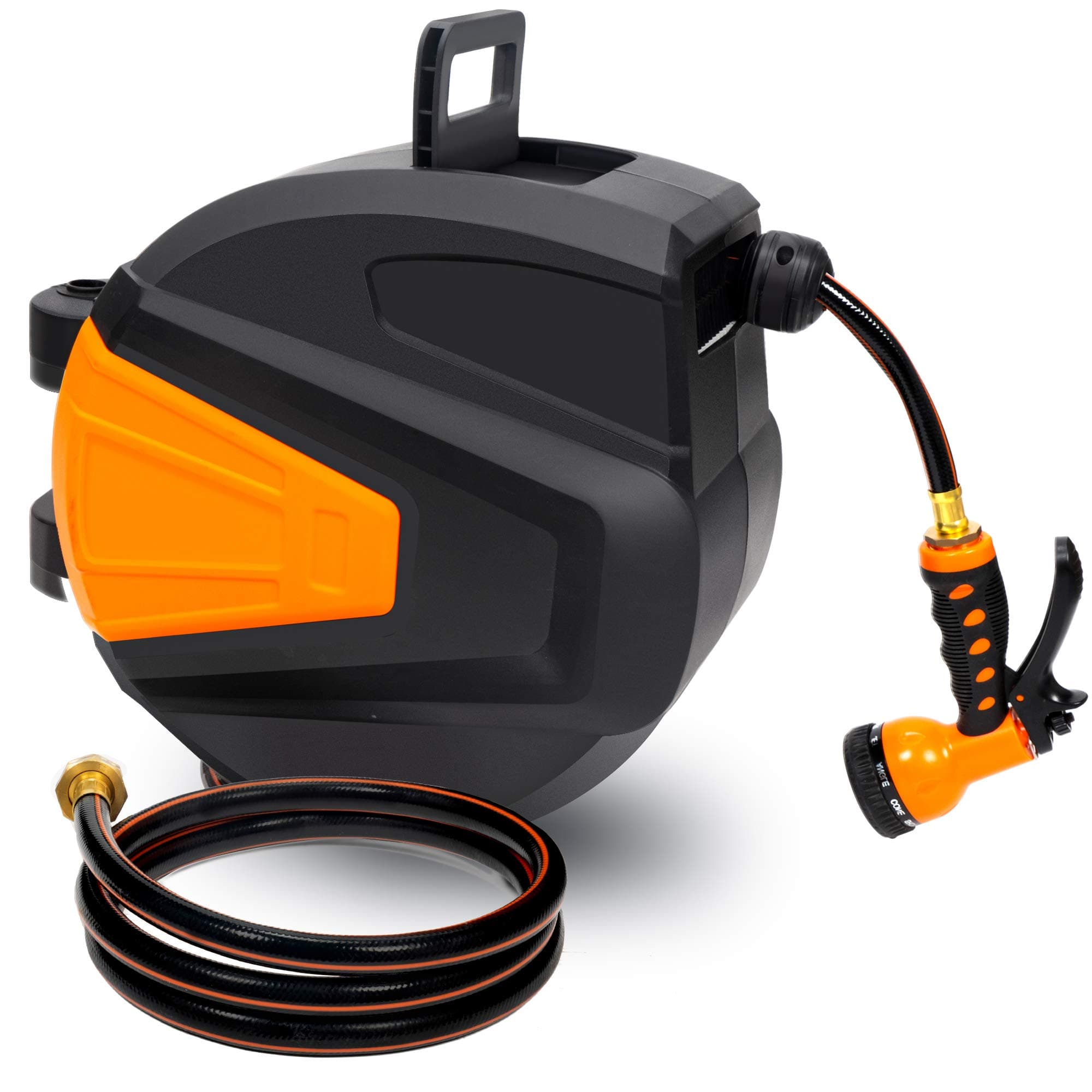 ORCISH Hose Reel,3/8 66 FT Wall Mounted Retractable Garden Hose-Reel with 9 Adjustable Sprayer Nozzle Any Length Lock/Automatic Rewind/Slow Return System/Wall Mounted/180ยฐSwivel Bracket๏ผBLACK)