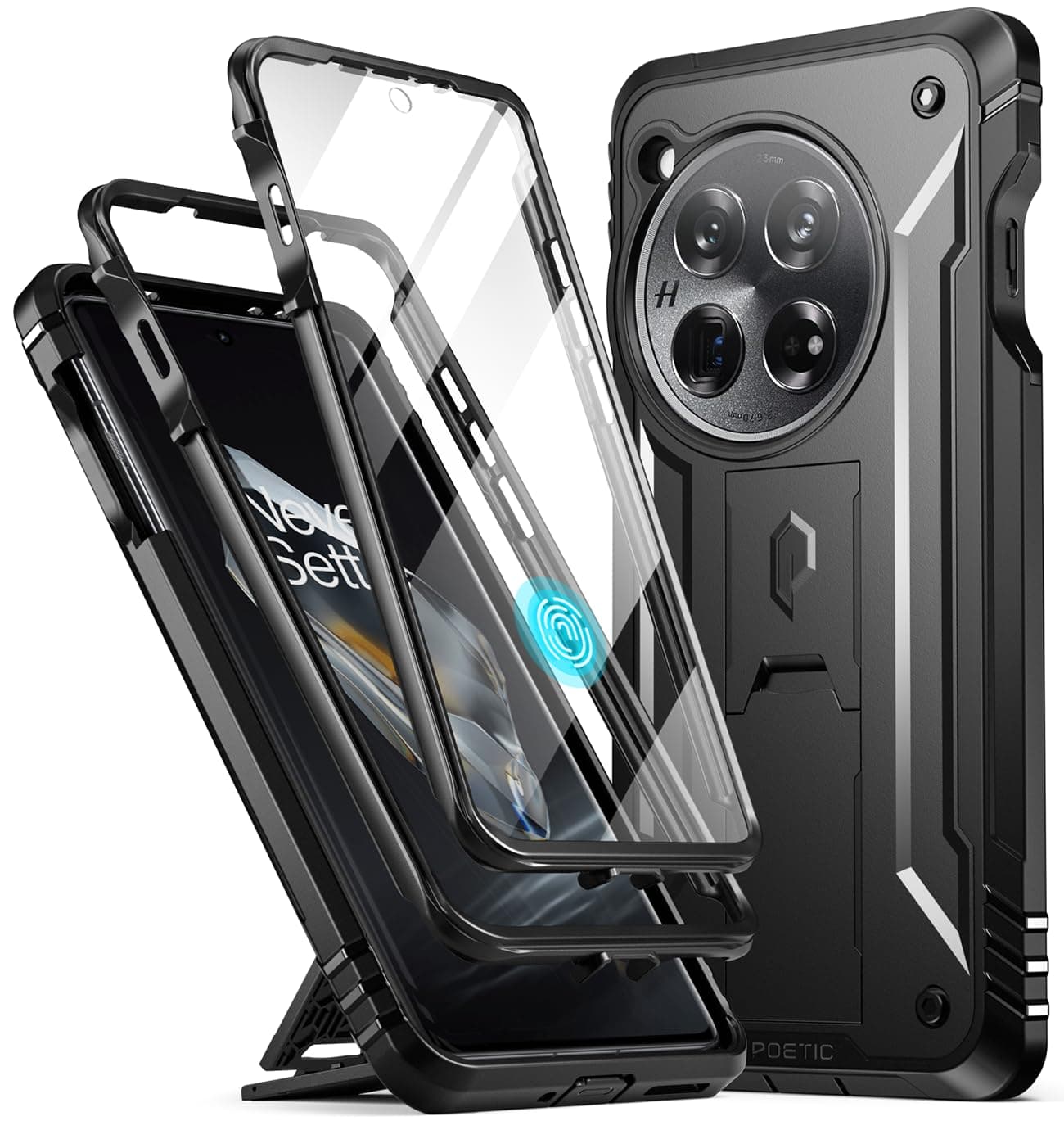 Poetic Revolution Case Compatible with OnePlus 12 5G (2024), Built-in Screen Protector 【Work with Fingerprint ID】, Full Body Rugged Shockproof Protective Cover Case with Kickstand, Black