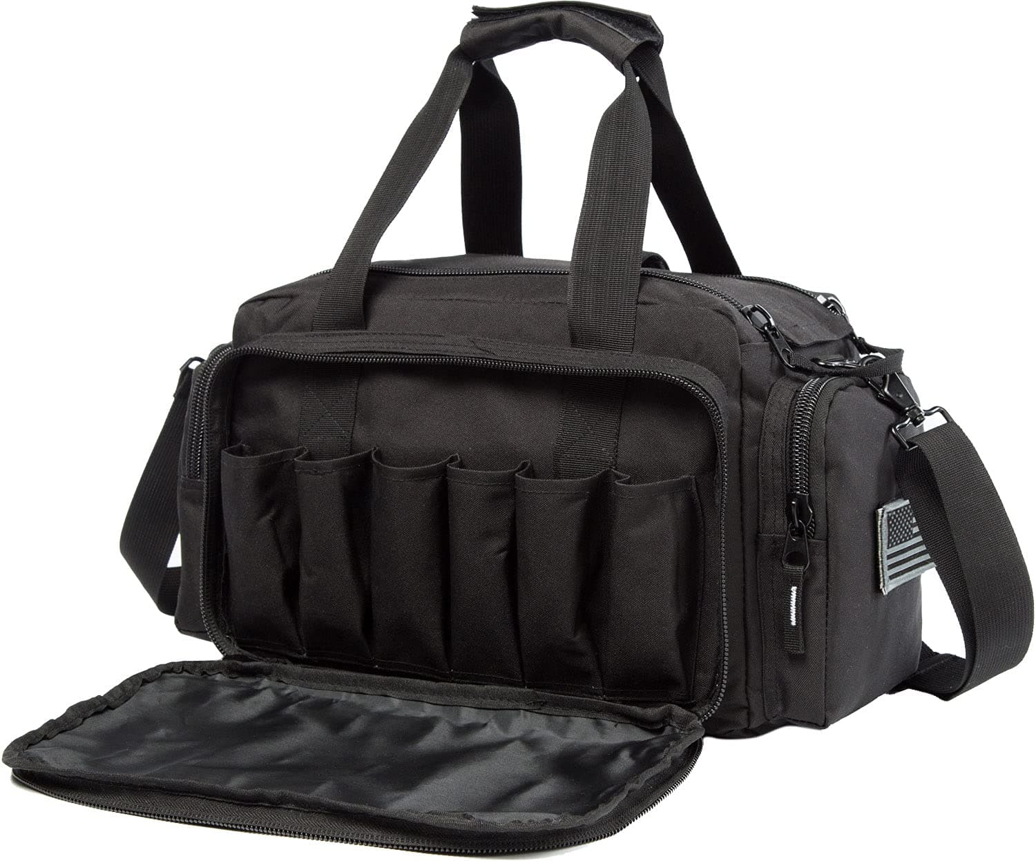 Range Bag | Gun Range Duffle Bag for Handguns and Ammo,USA Flag Patch Included. (Black)