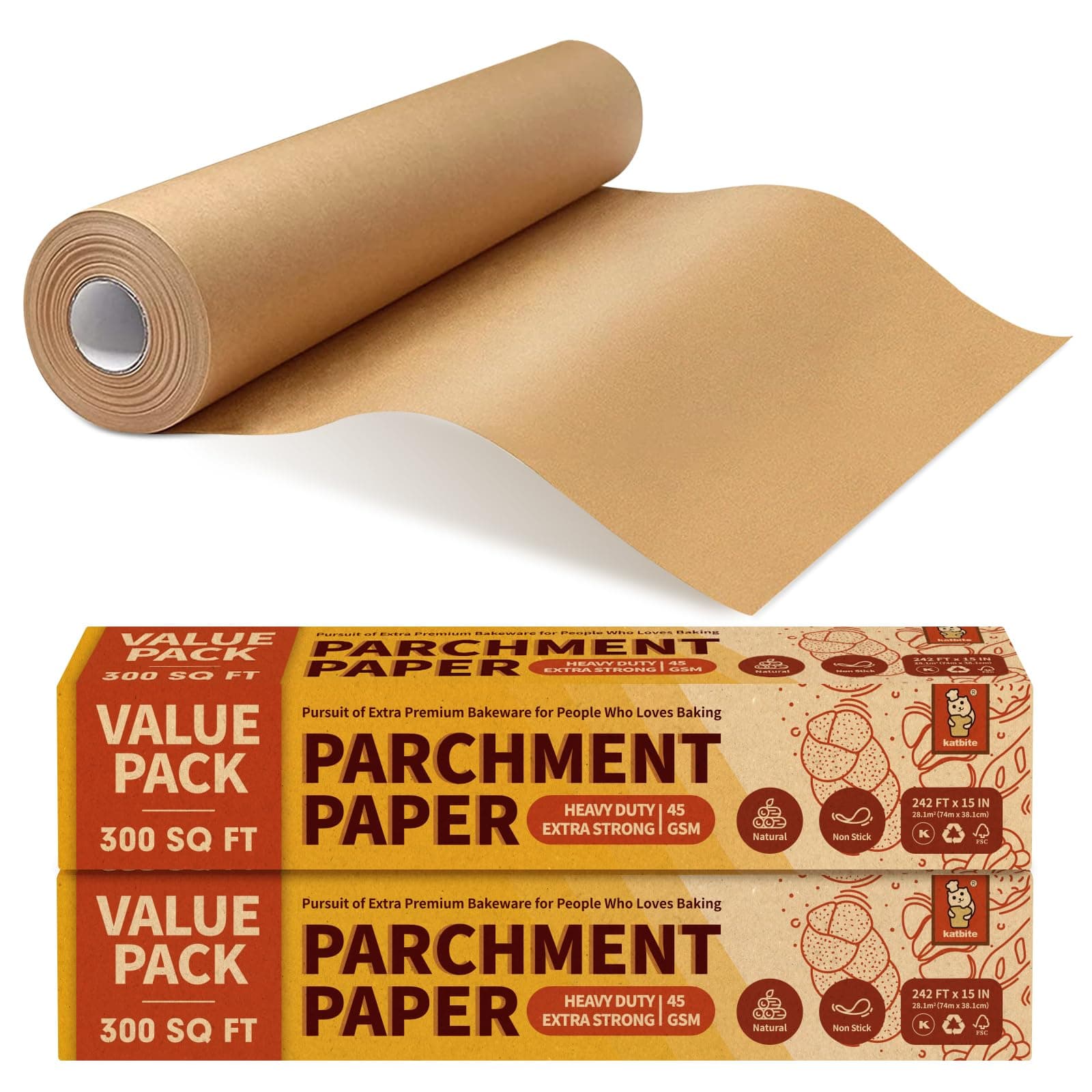 2 Value Pack 15in x 242ft, 300 Sq.Ft Unbleached Parchment Paper Roll for Baking, Katbite Parchment Baking Paper with Serrated Cutter, Non-stick Roll for Cooking, Air Fryer, Steaming, Bread