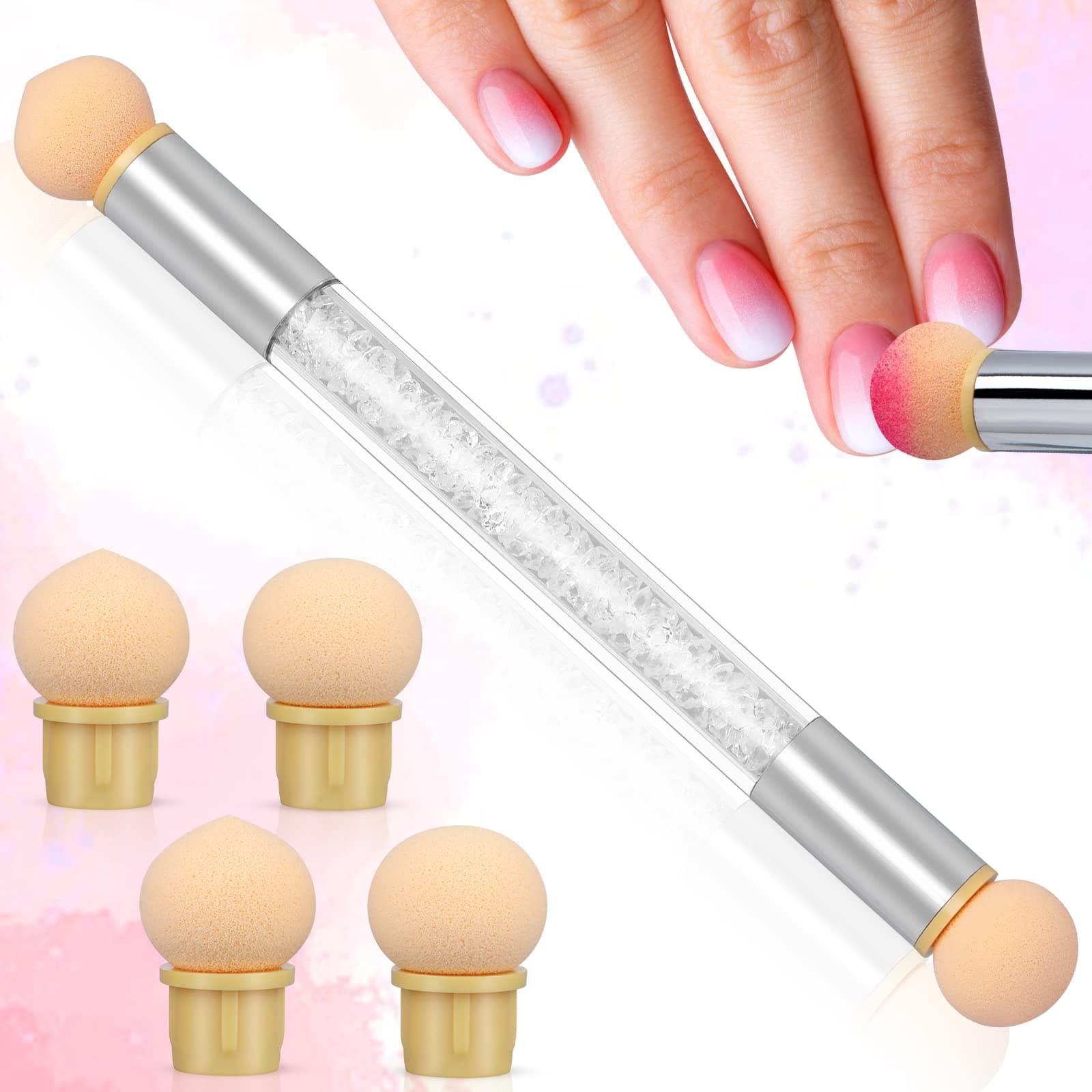 Greoer Nail Art Sponge Brush Applicator with 4 Pieces Replacement Head, Double Head Acrylic Nails Ombre Sponge Nail Design Accessories for UV Gel and False Nail Art Rendering Tools (White)