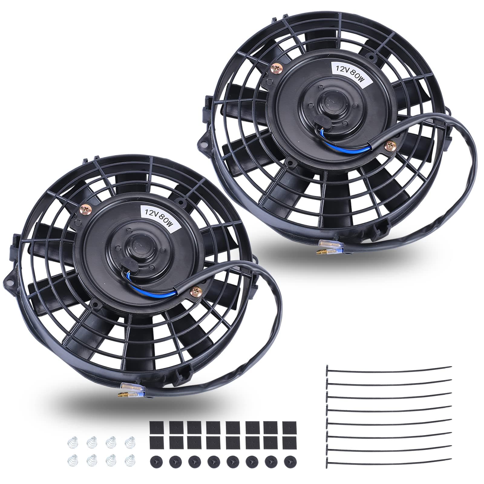 7 Inch Black Universal Slim Fan Push Pull Electric Radiator 12V 80W High Performance Cooling Fan Mount Kit Set of 2