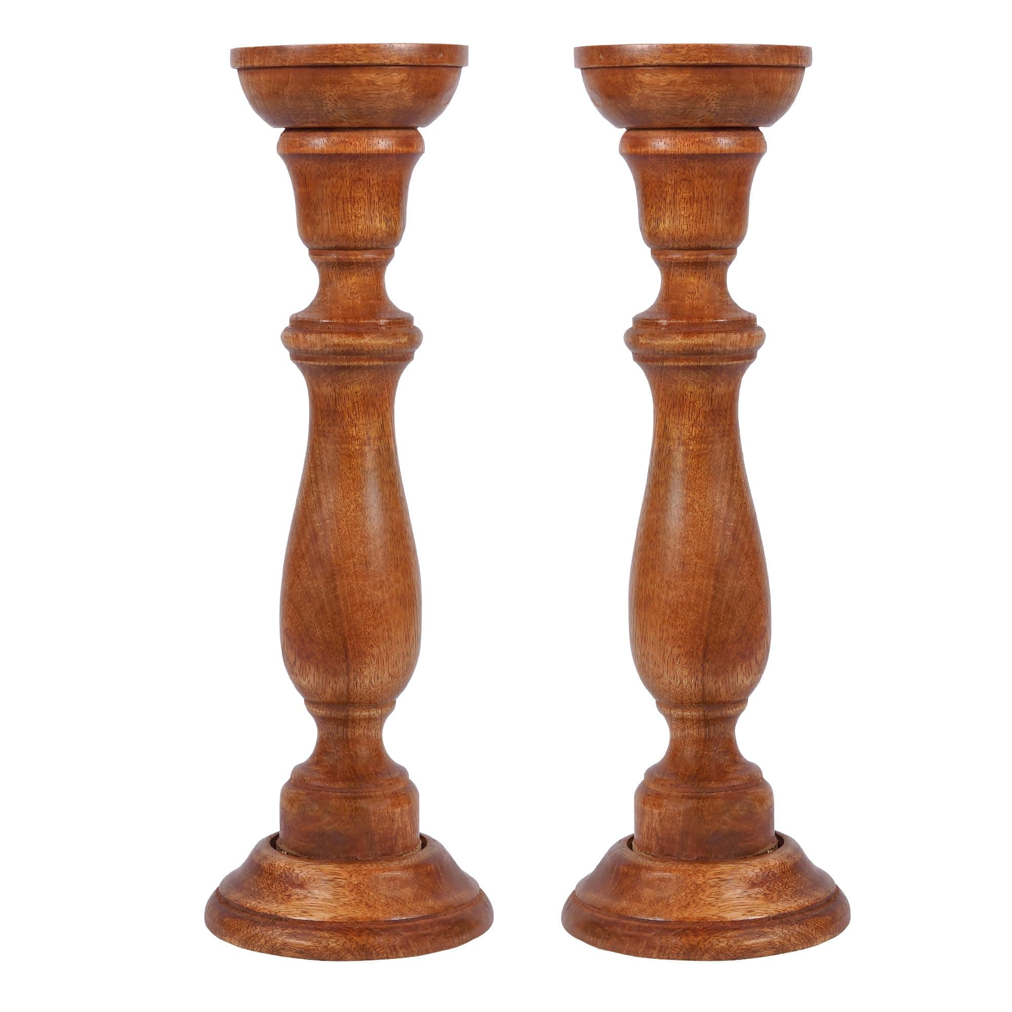 “Tuli” Candle Holders for Pillar Candles (Medium Polish, Set of 2) - Mangowood Candle Stand - Farmhouse Wooden Candle Holders Pillar - Candle Holder Decor for Fireplace or Table Centerpiece - 15”