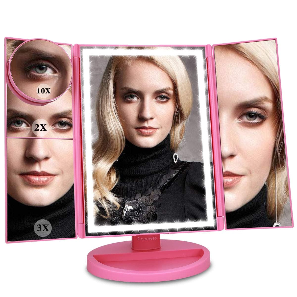 Ceenwes Upgrade Version Makeup Mirror 180°Trifold LED Vanity Mirror Adjustable Touch Screen Cosmetic Mirror with 36 LED Lights Lighted Makeup Mirror with 4 Magnification 1X/2X/3X/10X Mirrors