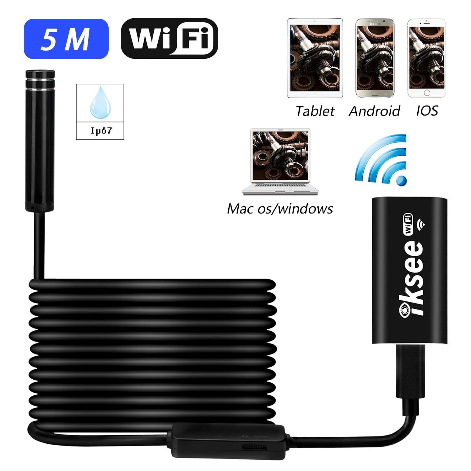 iksee WiFi Wireless Endoscope, Borescope Snake Inspection Camera with 8 LED Lights 2.0 Megapixels HD for Android Smartphone, iPhone, Tablet, Windows & Mac OS Computer -16.4 ft(5M)