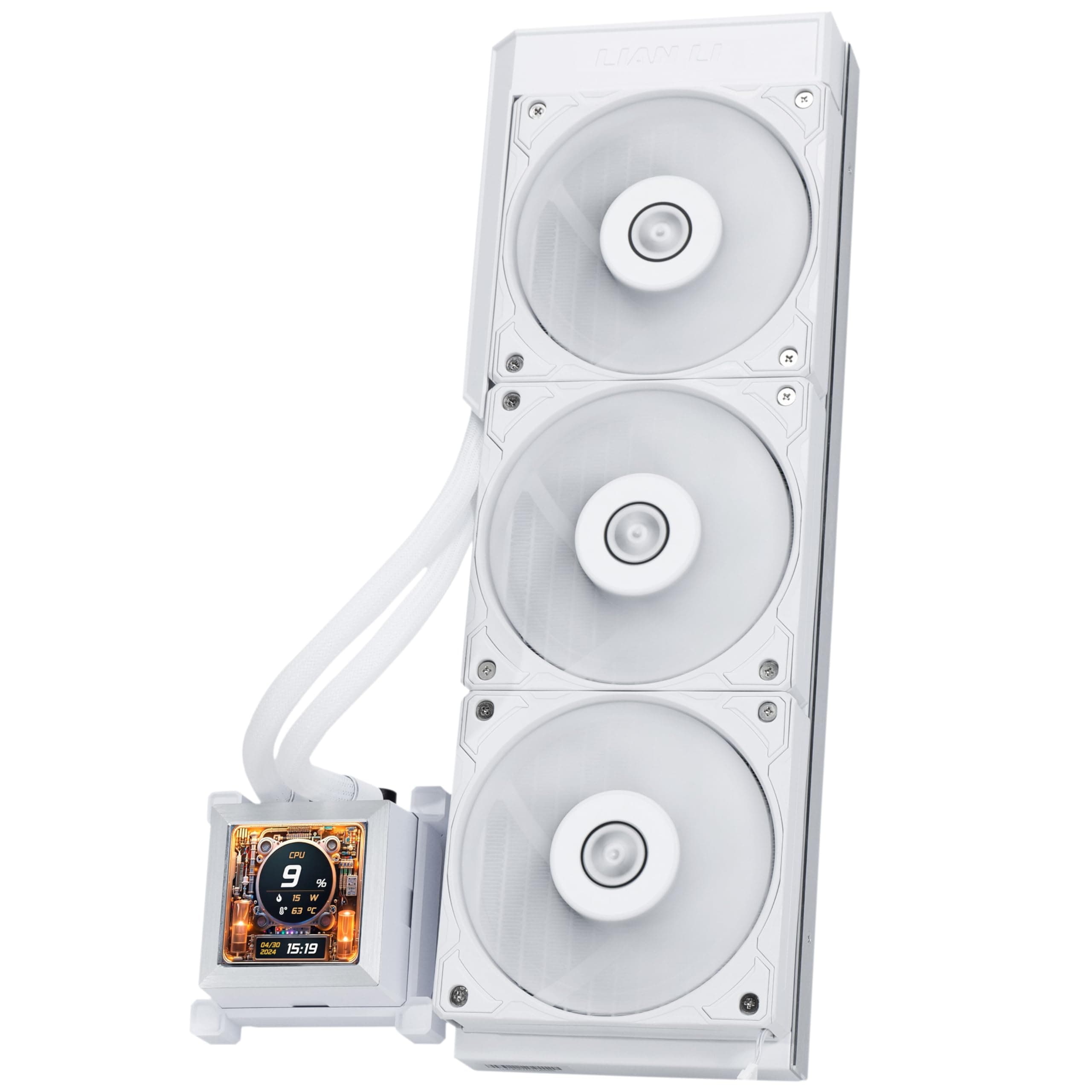 Lian Li Hydroshift 360 AIO - Pre-Installed 3 x 28MM Fans, Side-Mounted Coolant Pathway, 2.88” LCD Screen 480 x 480 Res. Captured Images & Recorded Videos -LGA 1851,1700, 1200, AM5,4 -White(HSLCD36SW)