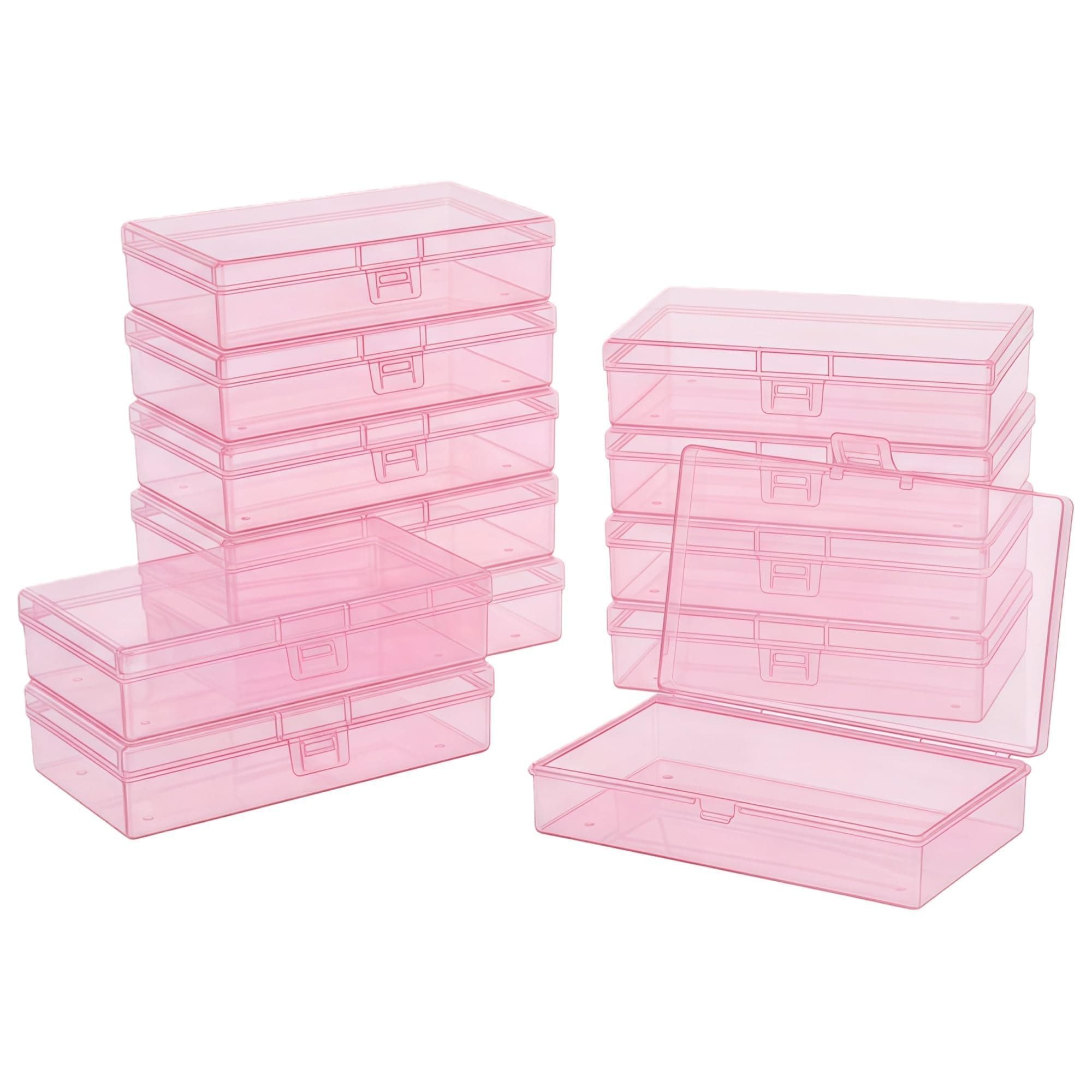 LJY 12 Pieces Rectangular Empty Mini Clear Plastic Organizer Storage Box Containers with Hinged Lids (5.3 x 3.1 x 1.2 inch, Pink)