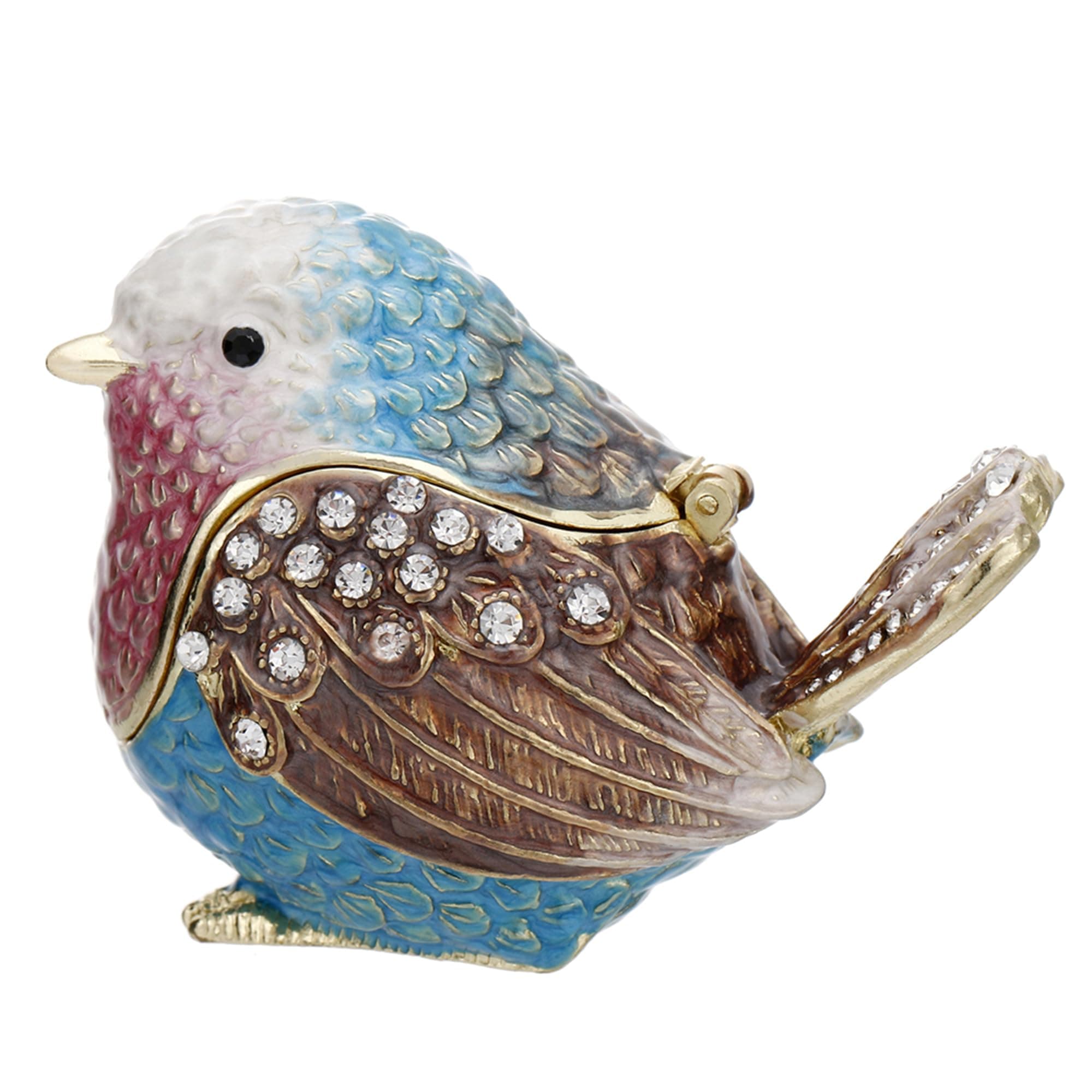 Hand Painted Enamel Sparrow Trinket Box, Hinged Unique Mini Ring Necklace Jewelry Organizer, Classical Bejeweled Storage, Figurine Collectible Keepsake Home Decor (Robin Bird-Blue)