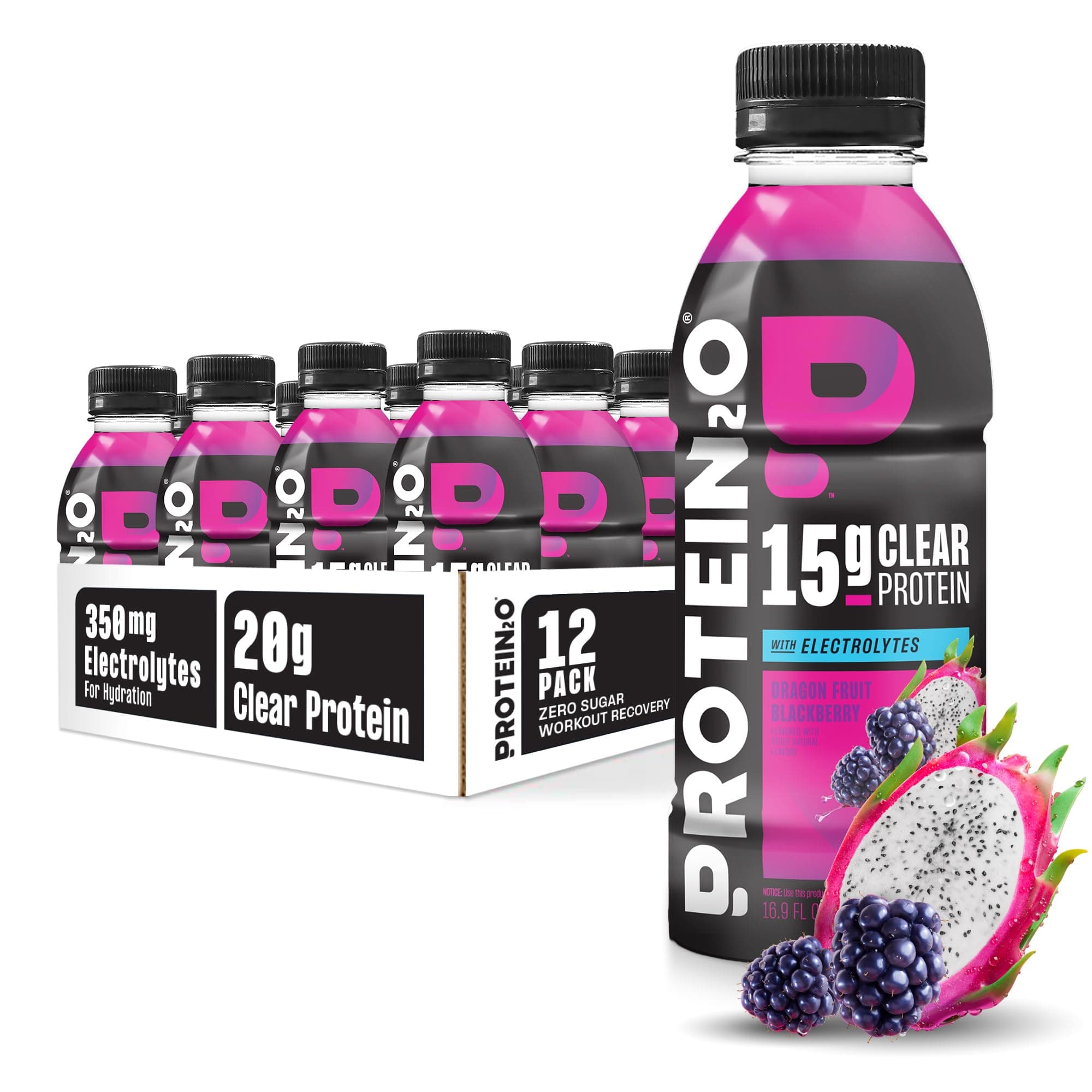 Hydration Drink - 2-in-1 Liquid Clear Whey Protein Isolate and Electrolyte Drink - 15g Protein, Vitamins B5, B6 - Post-Workout Recovery - 16.9 Fl Oz - 12 Count Dragon fruit Blackberry