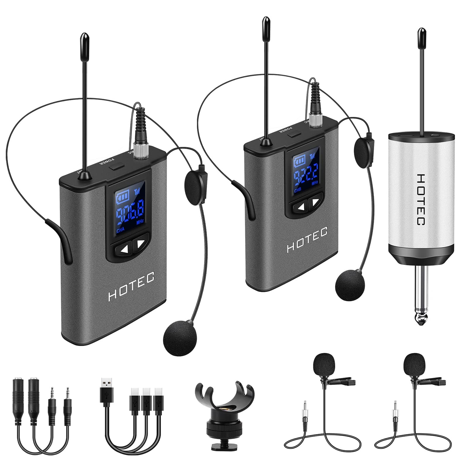 Hotec Wireless System with Dual Headset Microphones/Lavalier Lapel Mics and Bodypack Transmitters and One Mini Rechargeable Receiver 1/4" Output, for Live Performances