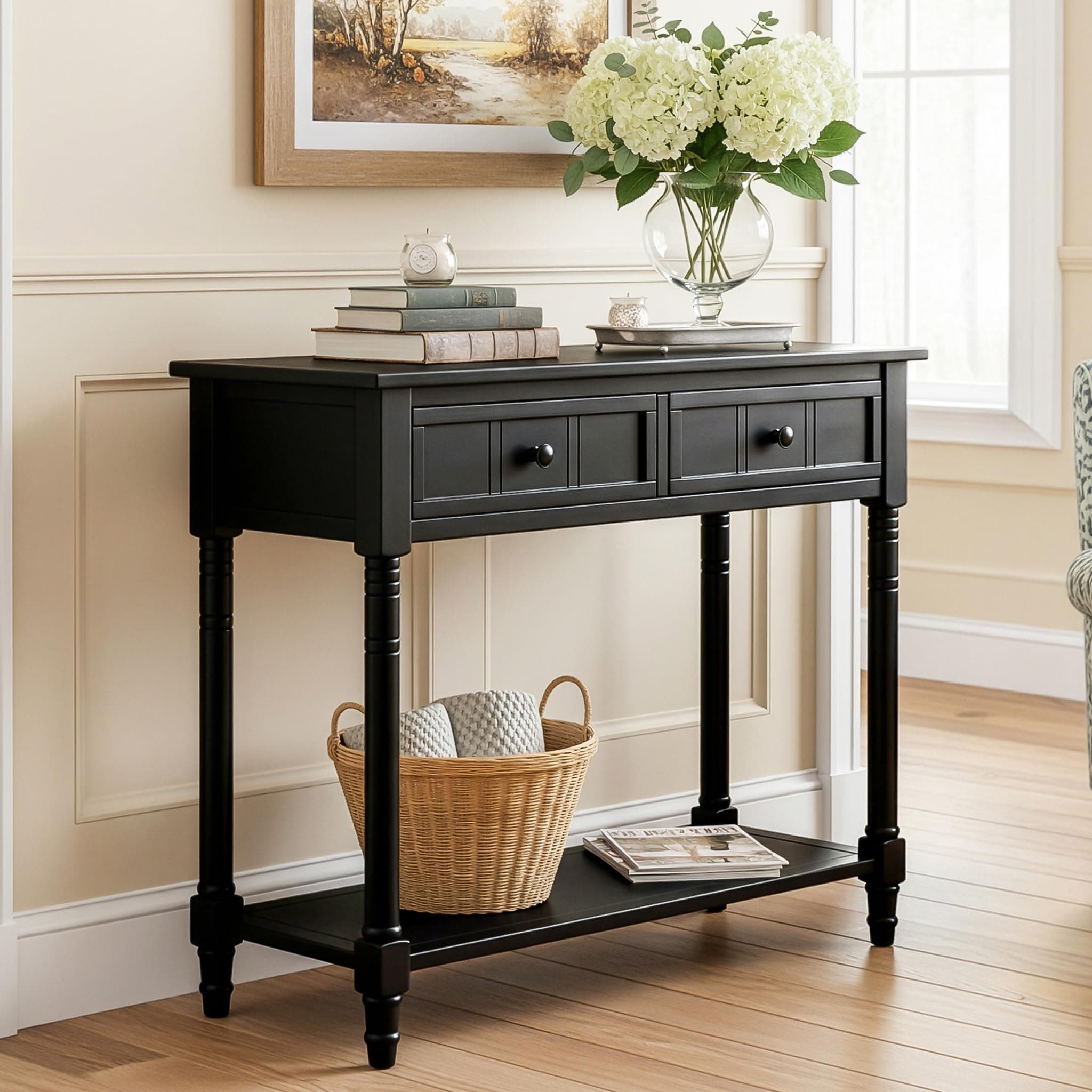 Knocbel Antique Entry Console Table with 2 Drawers & Bottom Open Shelf, Wood Sofa Tables for Entryway Hallway Living Room, 35.34" W x 13.8" D x 30.25" H, Black