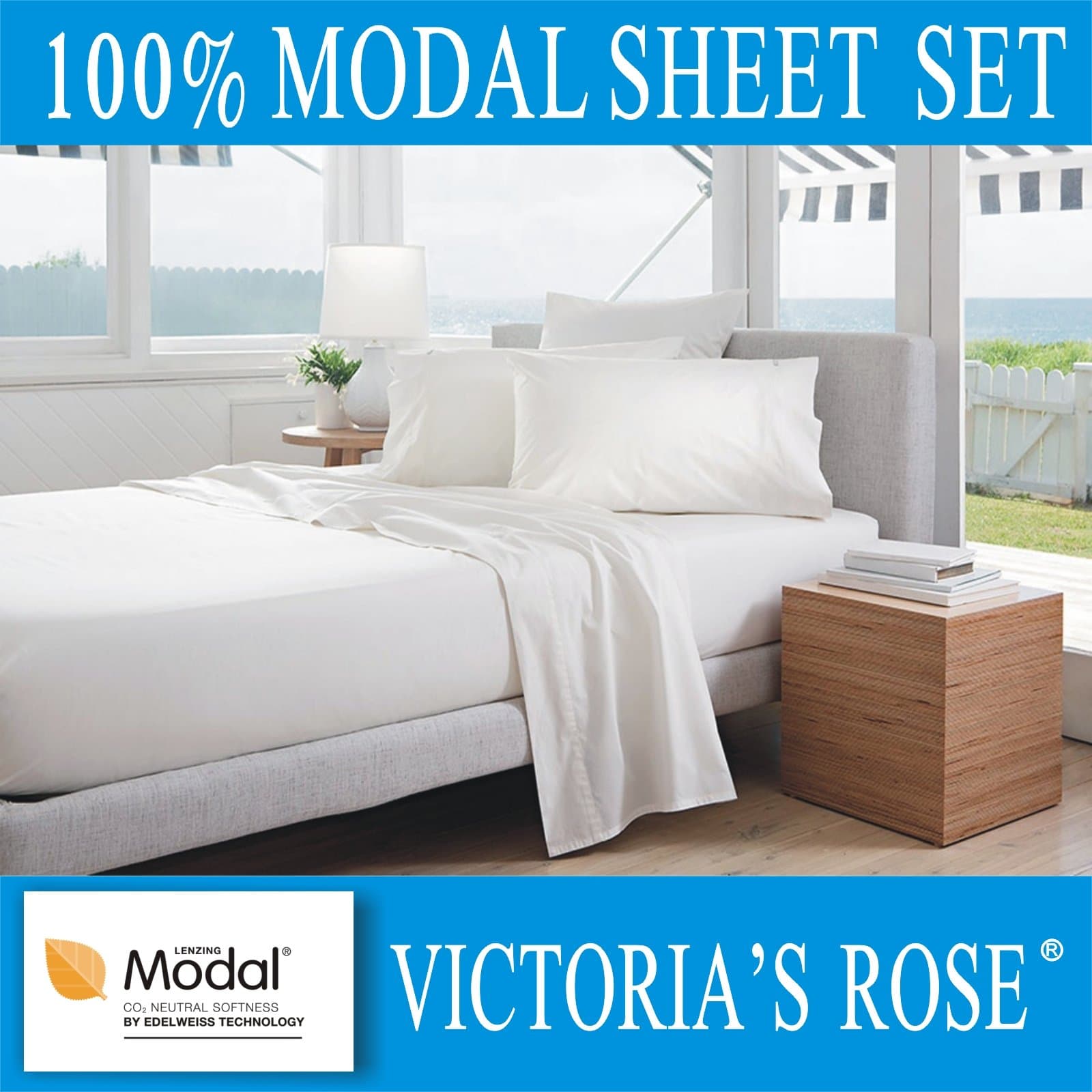 Wrinkle Free 4 pc Bedding Bed Sheet Set A+ Brand Victoria's Rose Best Material 100% Modal, 1 Fitted Sheet + 1 Flat Sheet + 2 Pillowcases, Queen Size, White Color, Quality Guaranteed