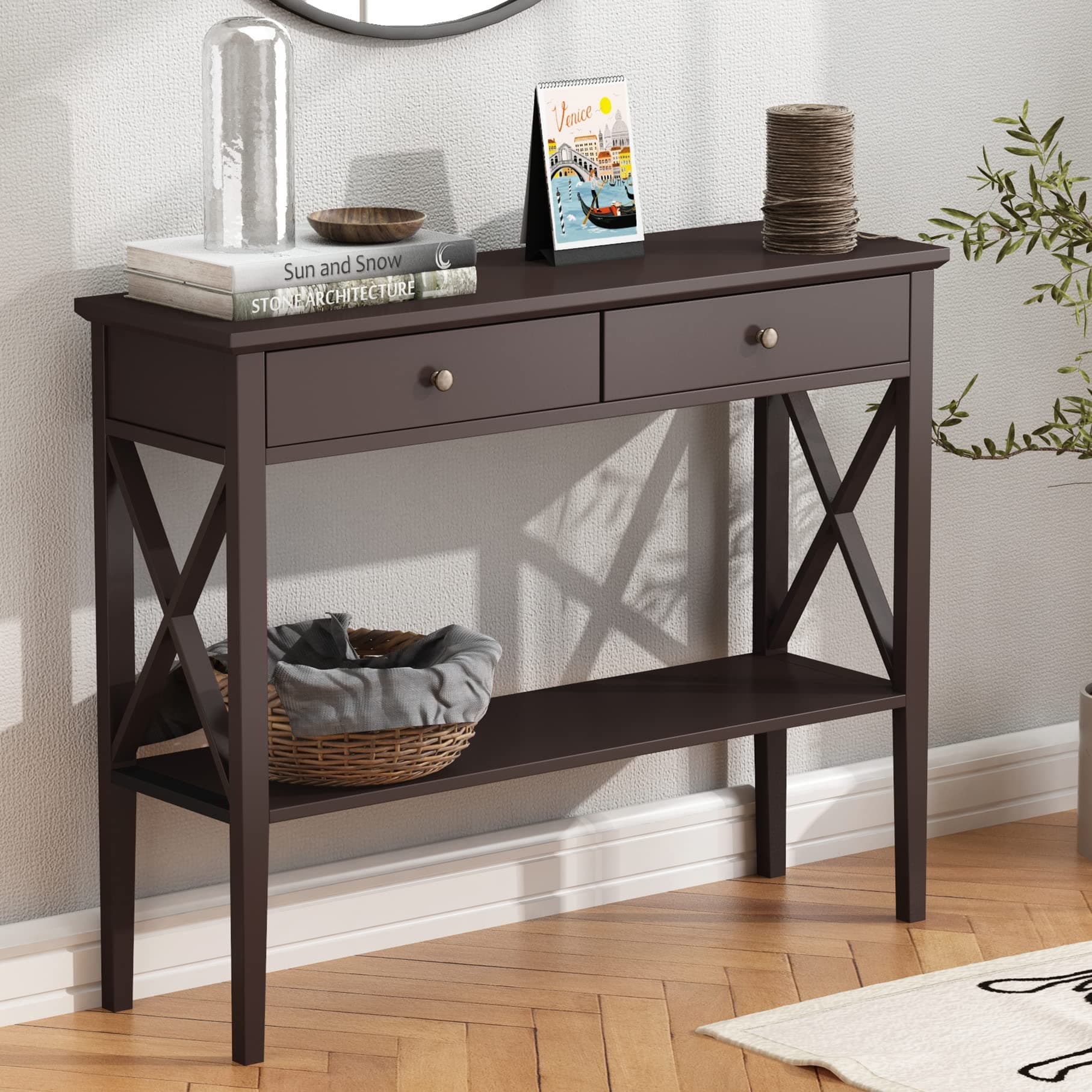 ChooChoo Console Table with Drawers, Narrow Wood Accent Sofa Table Entryway Table with Storage Shelf for Entryway, Front Hall, Hallway, Living Room, Espresso