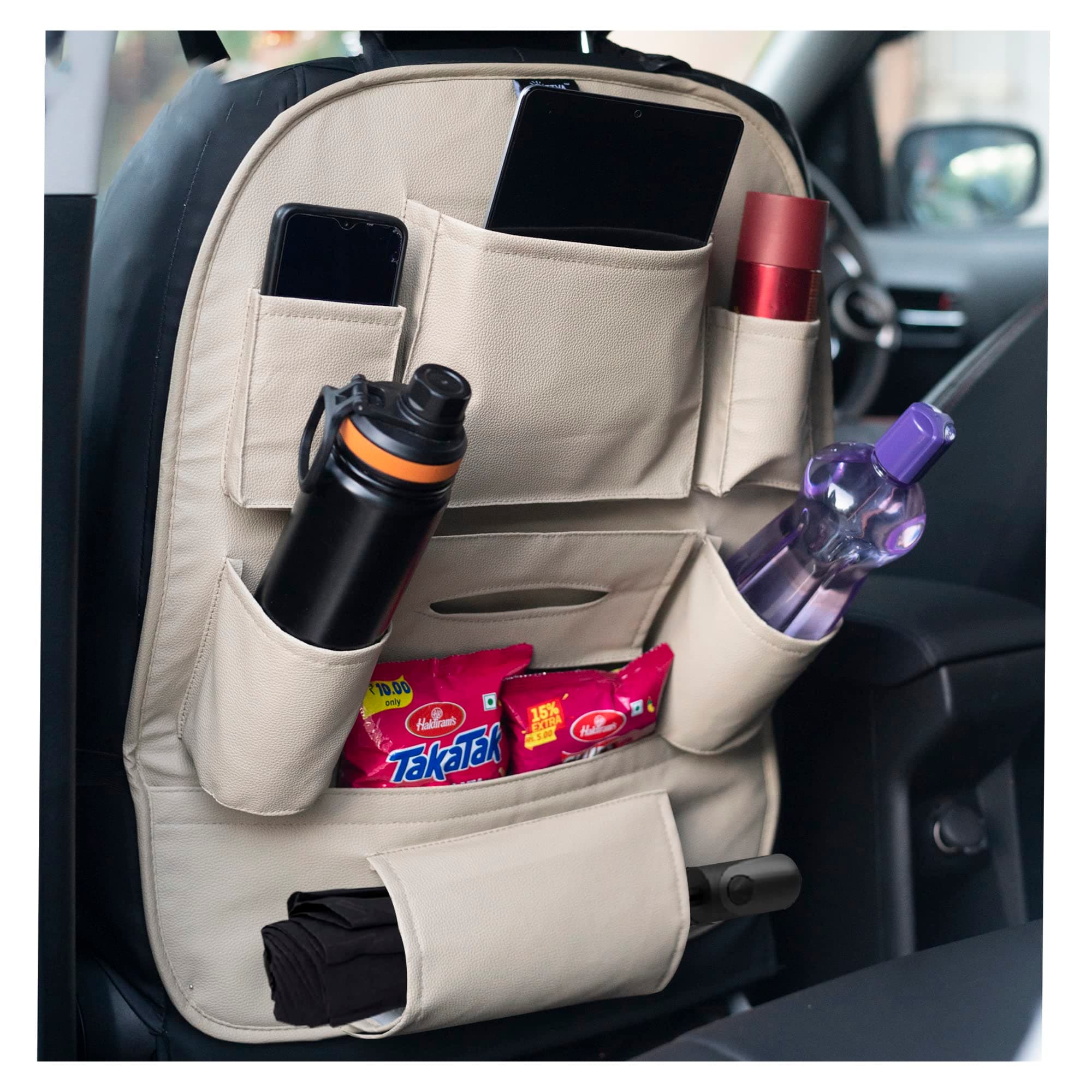 Pu Leather Auto Car Back Seat Organizer, Multipocket Storage Tablet, Bottle And Tissue Paper Holder_Beige, Inside