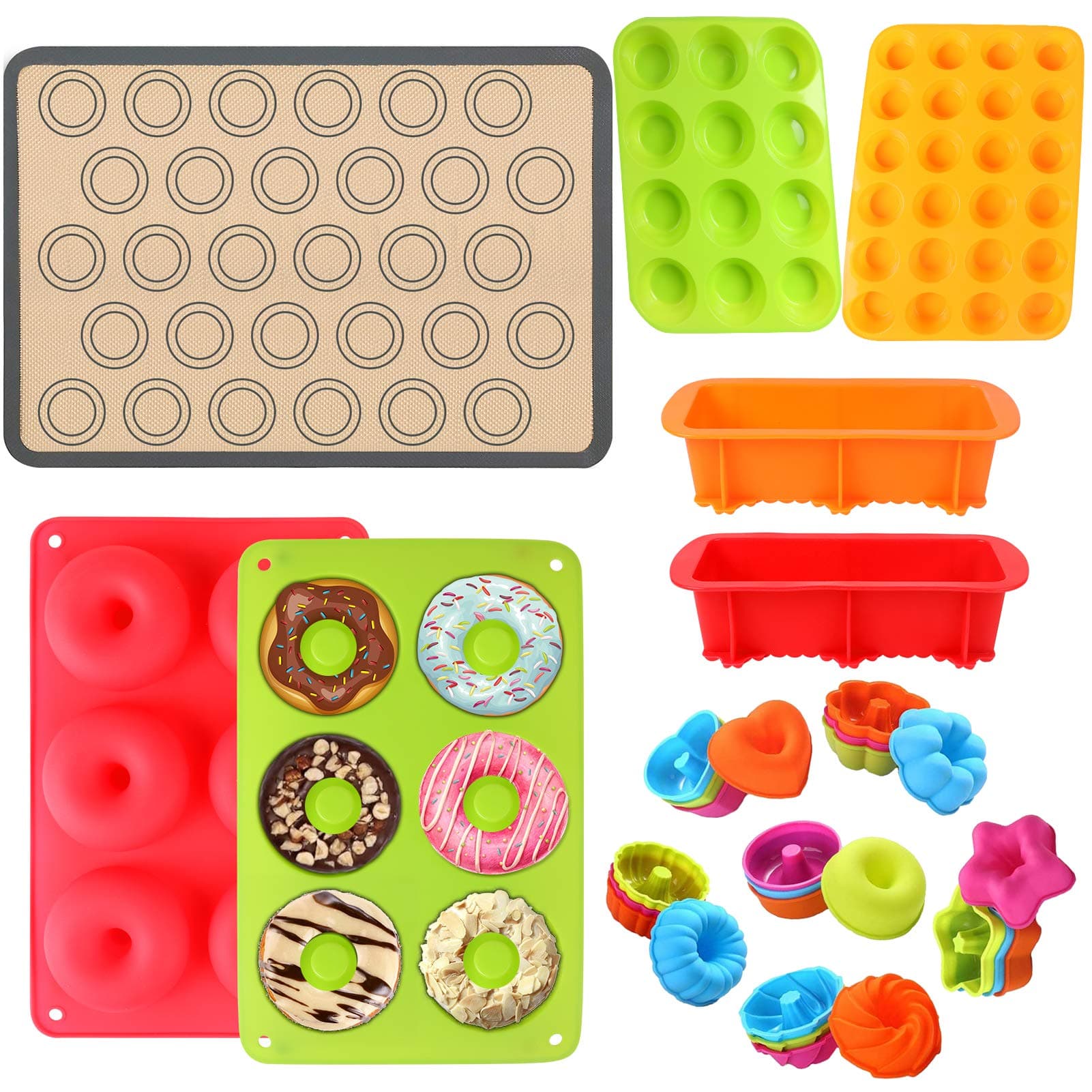 Silicone Baking Set, 31PCS Nonstick Bakware Set with Donut Pan, Silicone Muffin Pan, Bread Loaf Mold, Cupcake Silicone Mold Baking Cups Bagel Pan Macaron Cookie Sheet Mats for Bake Lovers & Beginner