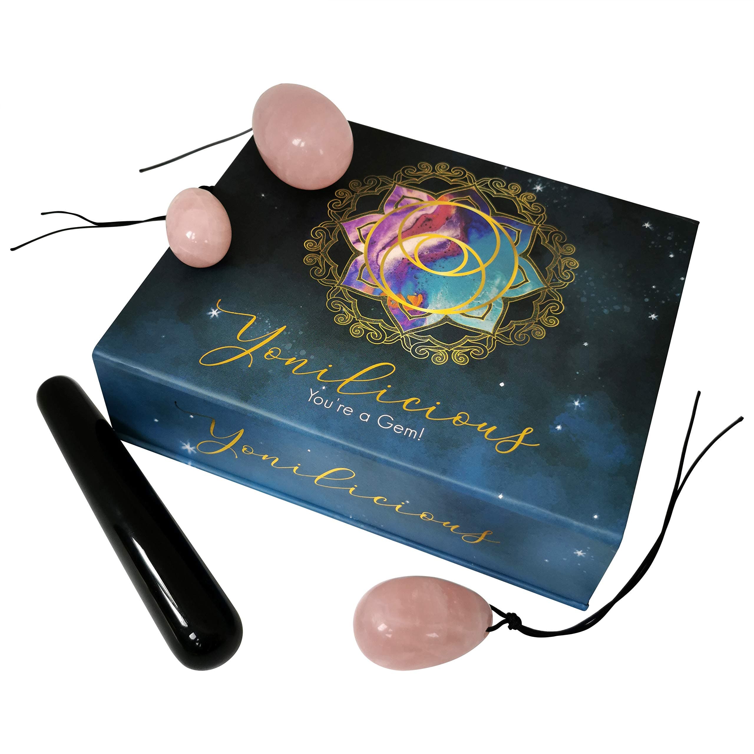 Yonilicious Yoni Egg Set Drilled Rose Quartz Jade Set of 3 with String for Women Kegel Exercise Massage Pelvic Floor Love Stone with 1 Black Obsidian Crystal Wand Gift Gemstone