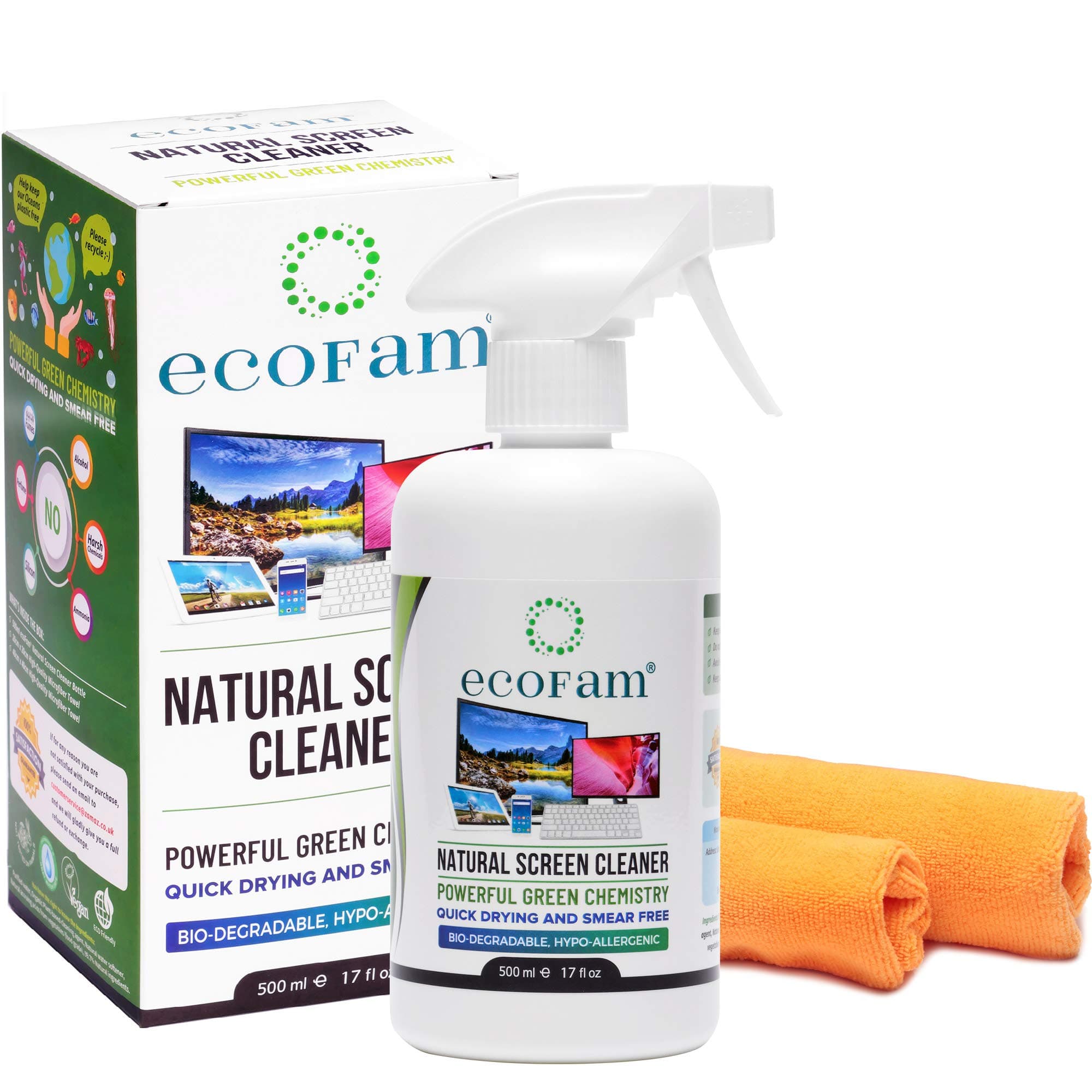 ecoFam Natural Screen Cleaner Spray with Two Premium Microfiber Cleaning Cloths. Best for LCD, LED, HDTV, Computer Monitors, TV, iPad, iPhone, Tablet, Smartphone, and Laptops (500ml)