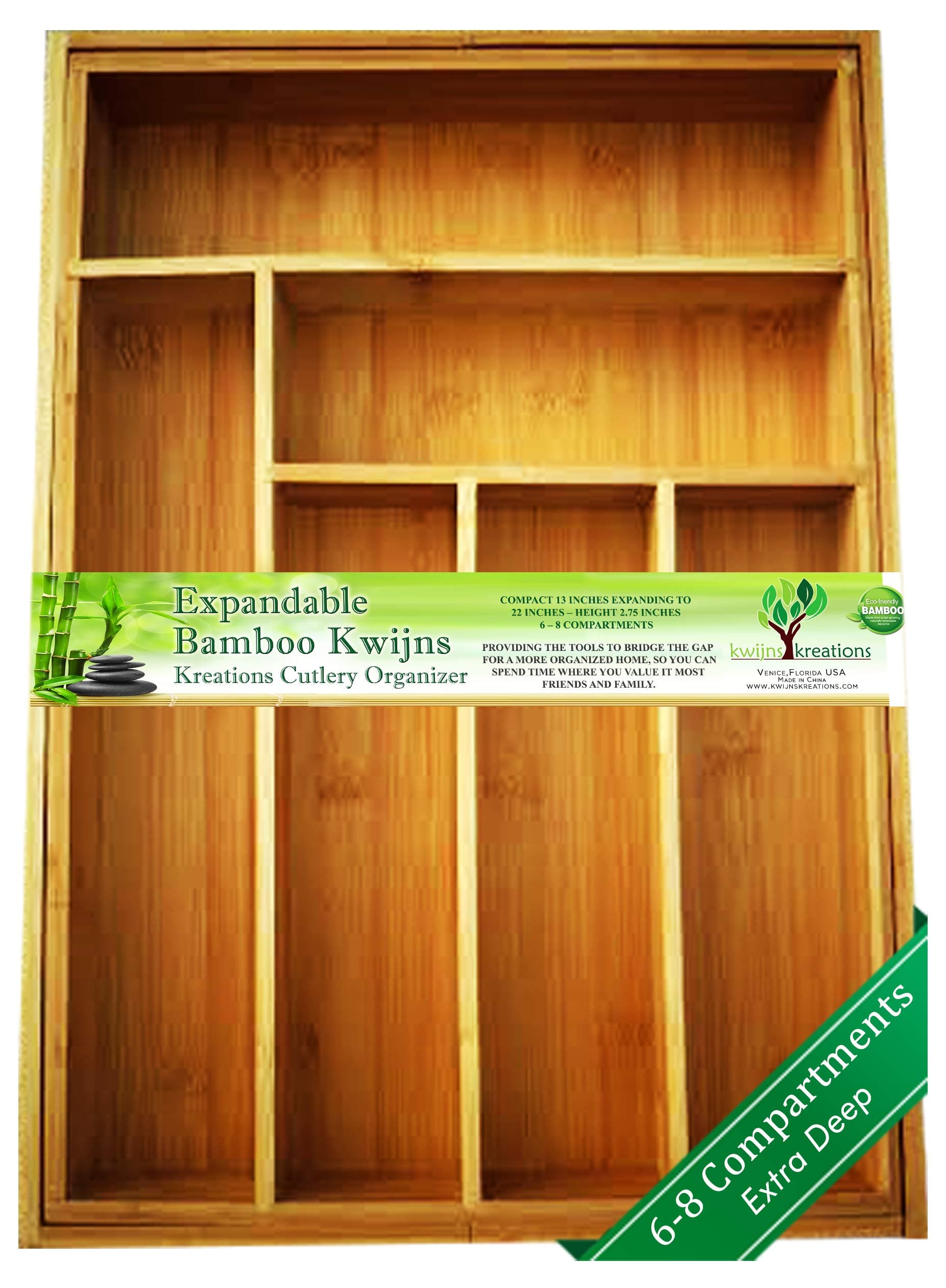 Expandable Bamboo Silverware Organizer 6-8 Slots Adjustable Amazing Drawer Inserts with Deep Dividers. EASY TO INSTALL, Storage of Flatware , Cutlery, Wooden or Stainless Utensil - Kitchen Knives