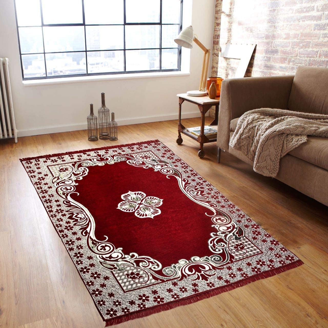 Crown Textile Kashmiri Carpet (Red, Chenille, Standard)